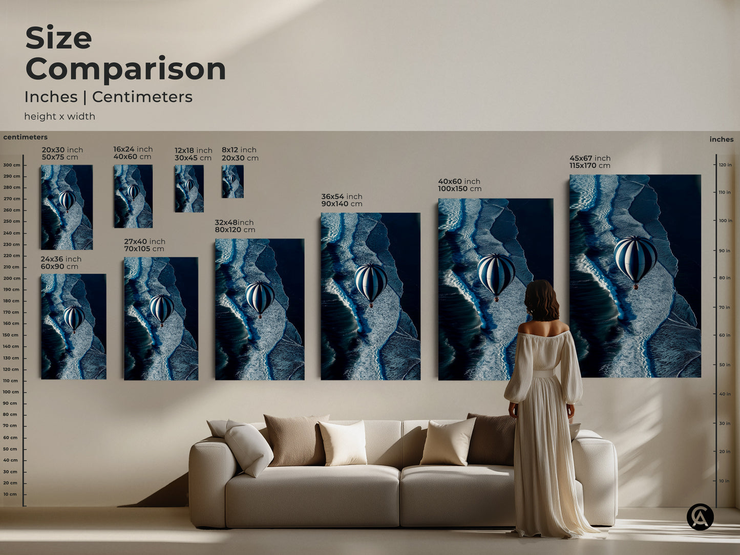 Compare sizes with this inches and centimeters guide for hot air balloon over ocean waves artwork. From small to large find the ideal contemporary navy blue wall art to enhance your space. See how it complements your decor.