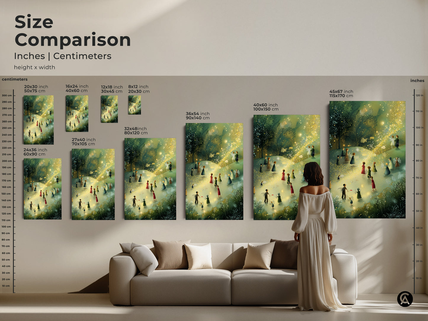 Size comparison of the Boho Fairy Art Print. Various sizes are displayed in a living room setting. The magical lights art print is perfect for adding a touch of fantasy. It enhances any home decor.