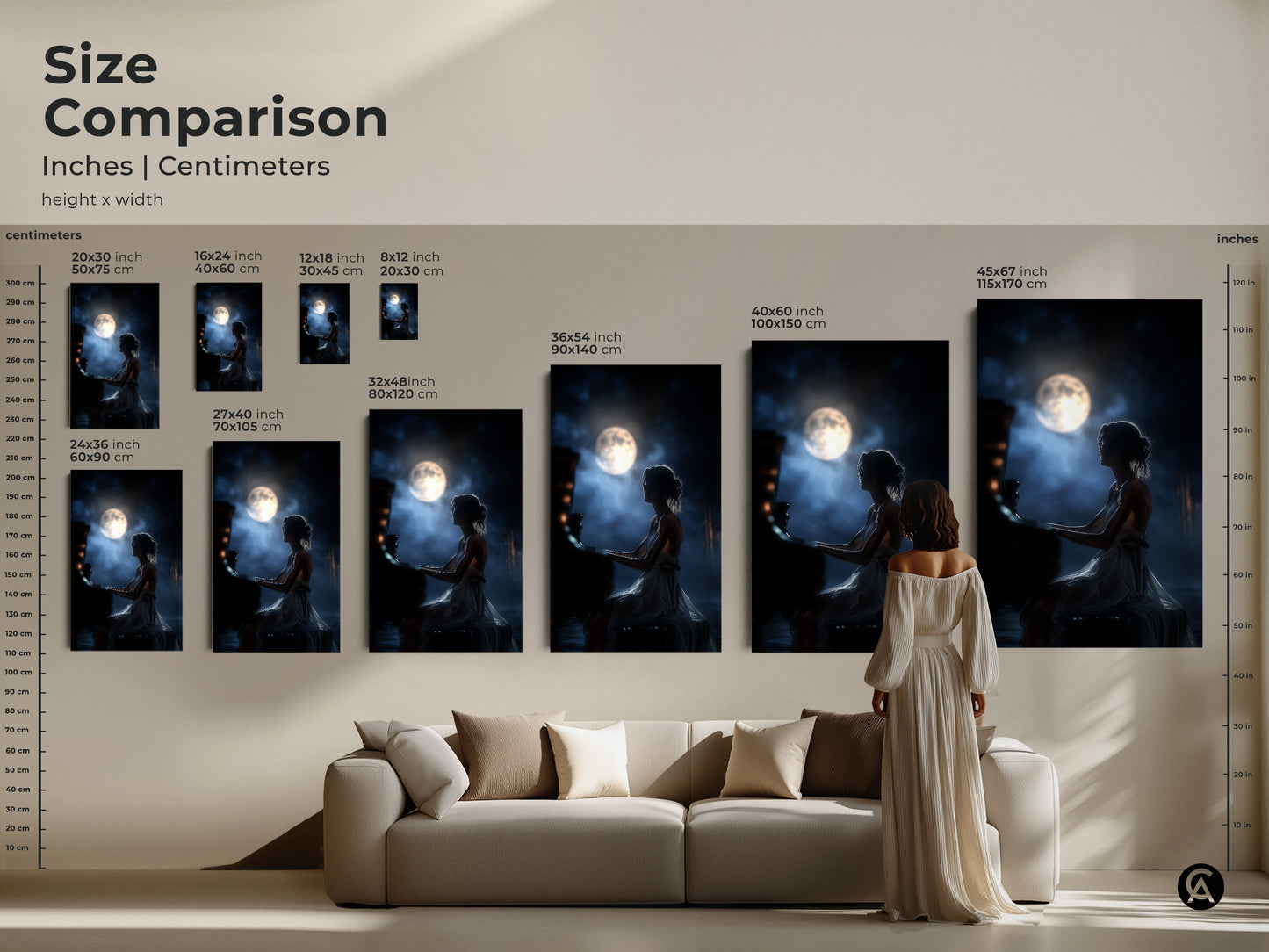Compare sizes of the Moonlit Piano Woman art in inches and centimeters. This artwork features a woman playing piano under a moonlit night. Available in various sizes as canvas or poster. This romantic music art complements home residential wall art. It is perfect for music lover gift wall art.