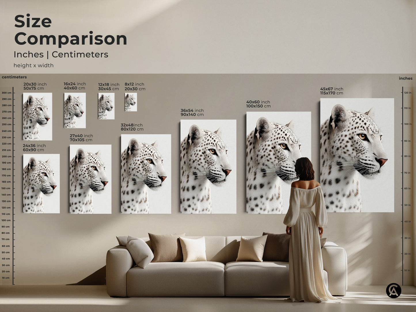 Size comparison of realistic snow leopard artwork in inches and centimeters. Visualize how this modern monochrome canvas print fits above a sofa. Ideal wildlife art for any animal lover.
