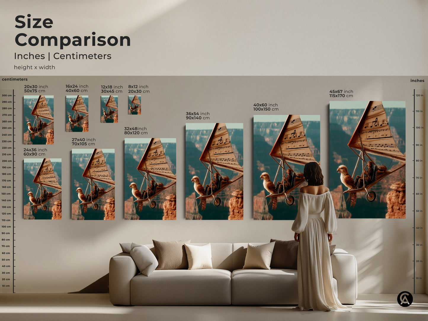 Size Comparison of Surreal Flight Canvas Art. See how the musician eagle hang glider art looks in various sizes. This wall decor is available in inches and centimeters. Perfect for adding an eclectic touch to any room the teal orange and brown tones bring a sense of adventure.