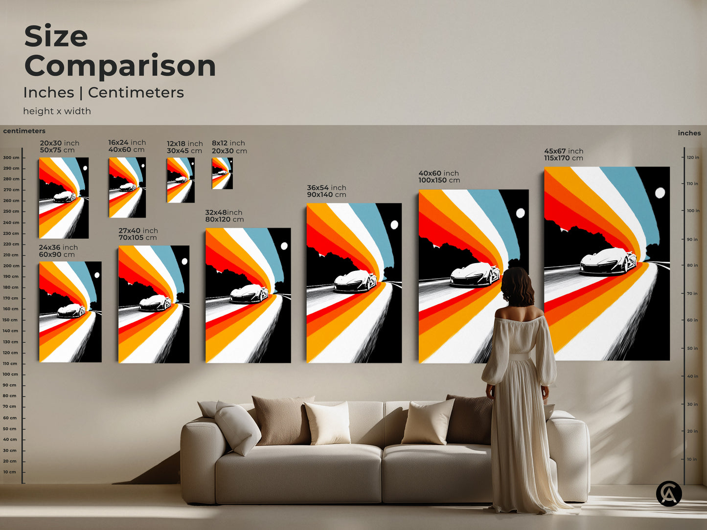 A size comparison shows retro sports car artwork in various dimensions. Visualize how the art will look in your space. This mid-century modern piece features abstract speed lines. It enhances any room's aesthetic appeal.