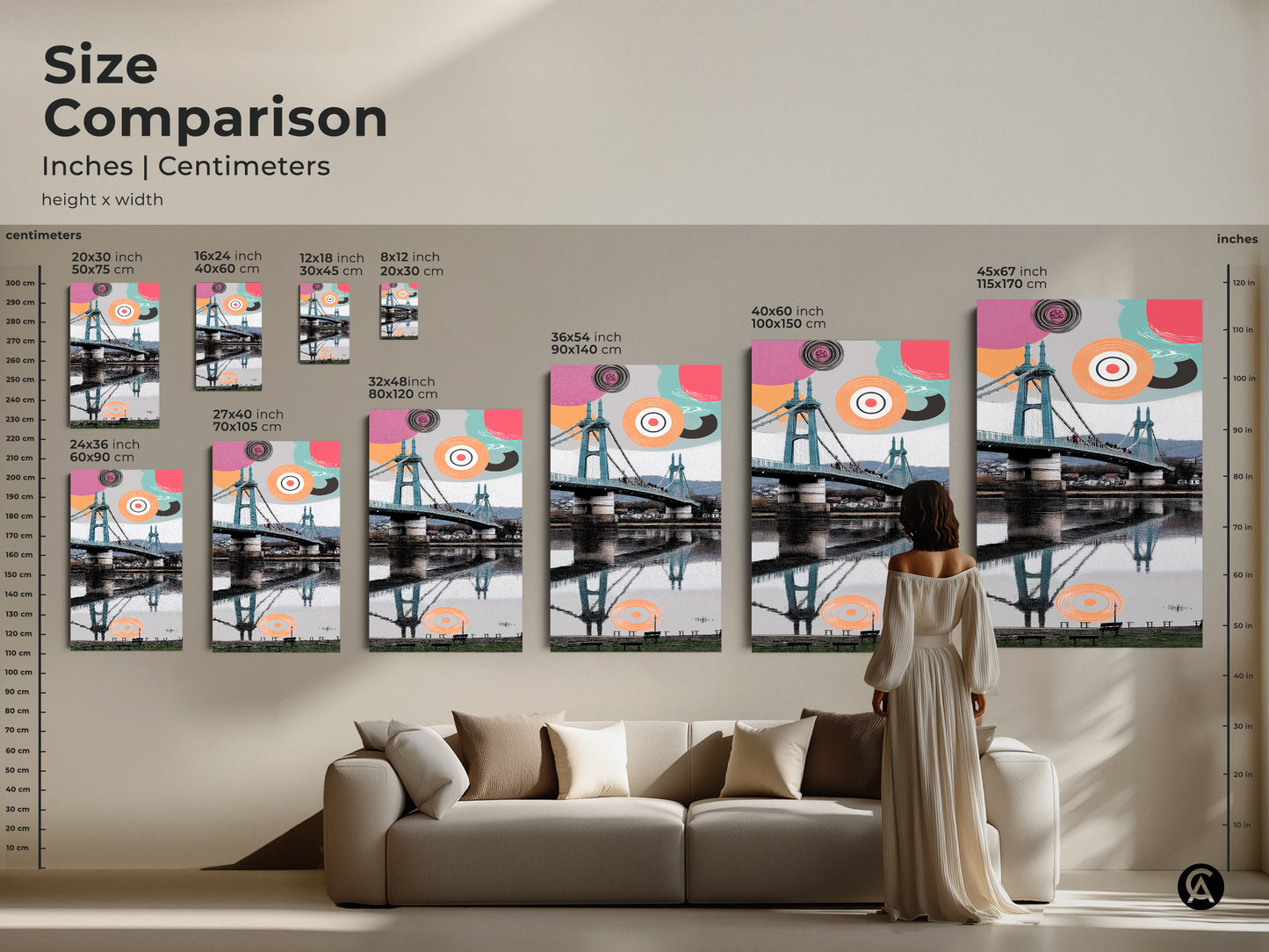 Size comparison of modern abstract geometric art. Available in various sizes and dimensions in both inches and centimeters. This piece is perfect for adding a pop of color to any room. The aqua and coral suspension bridge artwork is a modern home decor accent.