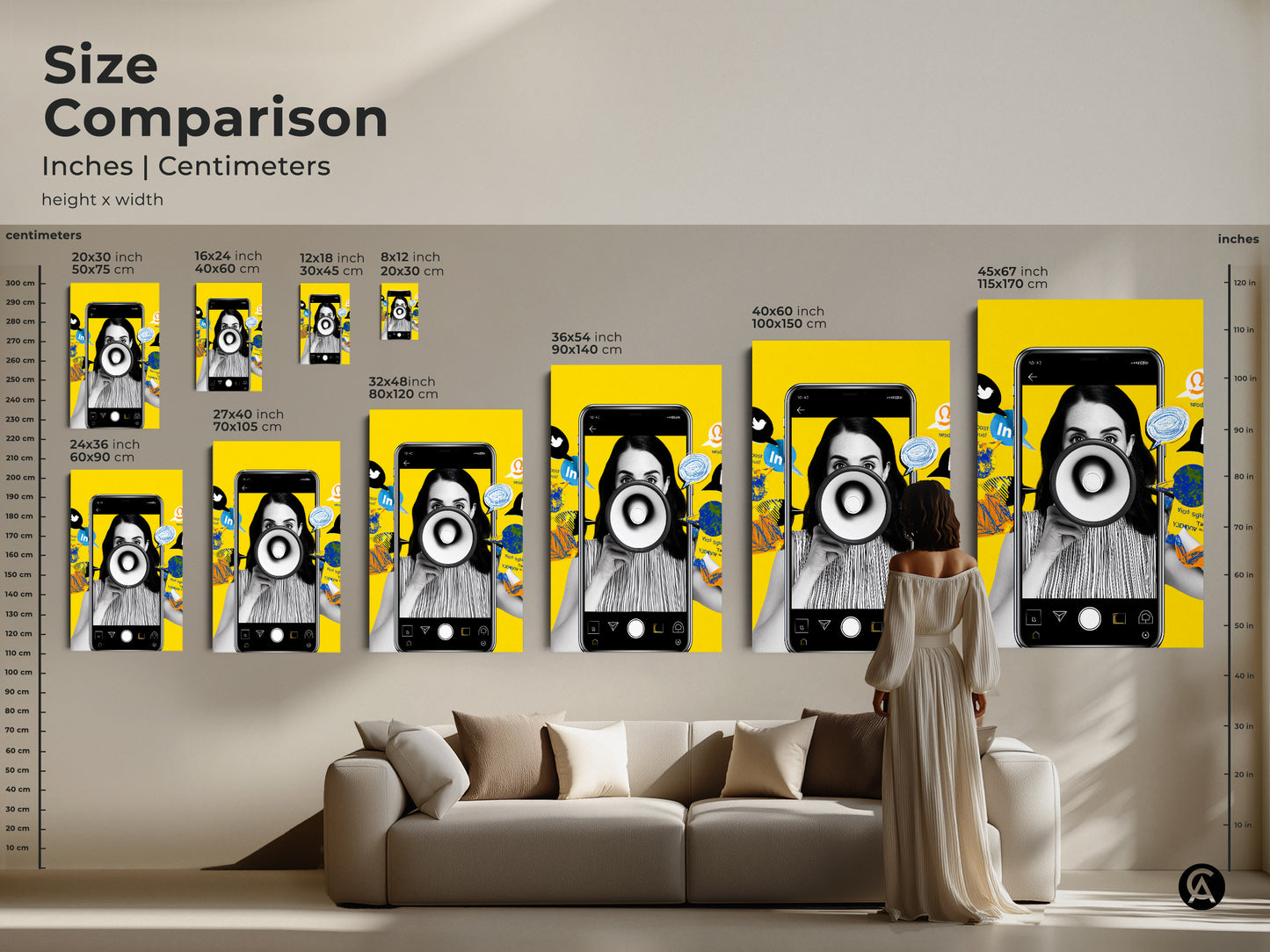 Size comparison of inches and centimeters for the social media megaphone artwork. This art print suits various spaces. Its available as canvas or poster. Ideal for modern office decor. See how this piece enhances a living room setting. A unique gift for marketing professionals.