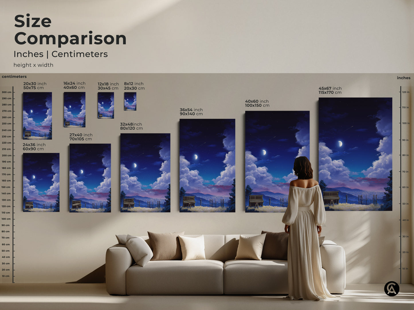 Size comparison of surreal piano landscape canvas art. See how different sizes fit above a sofa. Sizes range from small to large. Perfect for adding an artistic touch to your home decor. Find the ideal indigo moon artwork today.