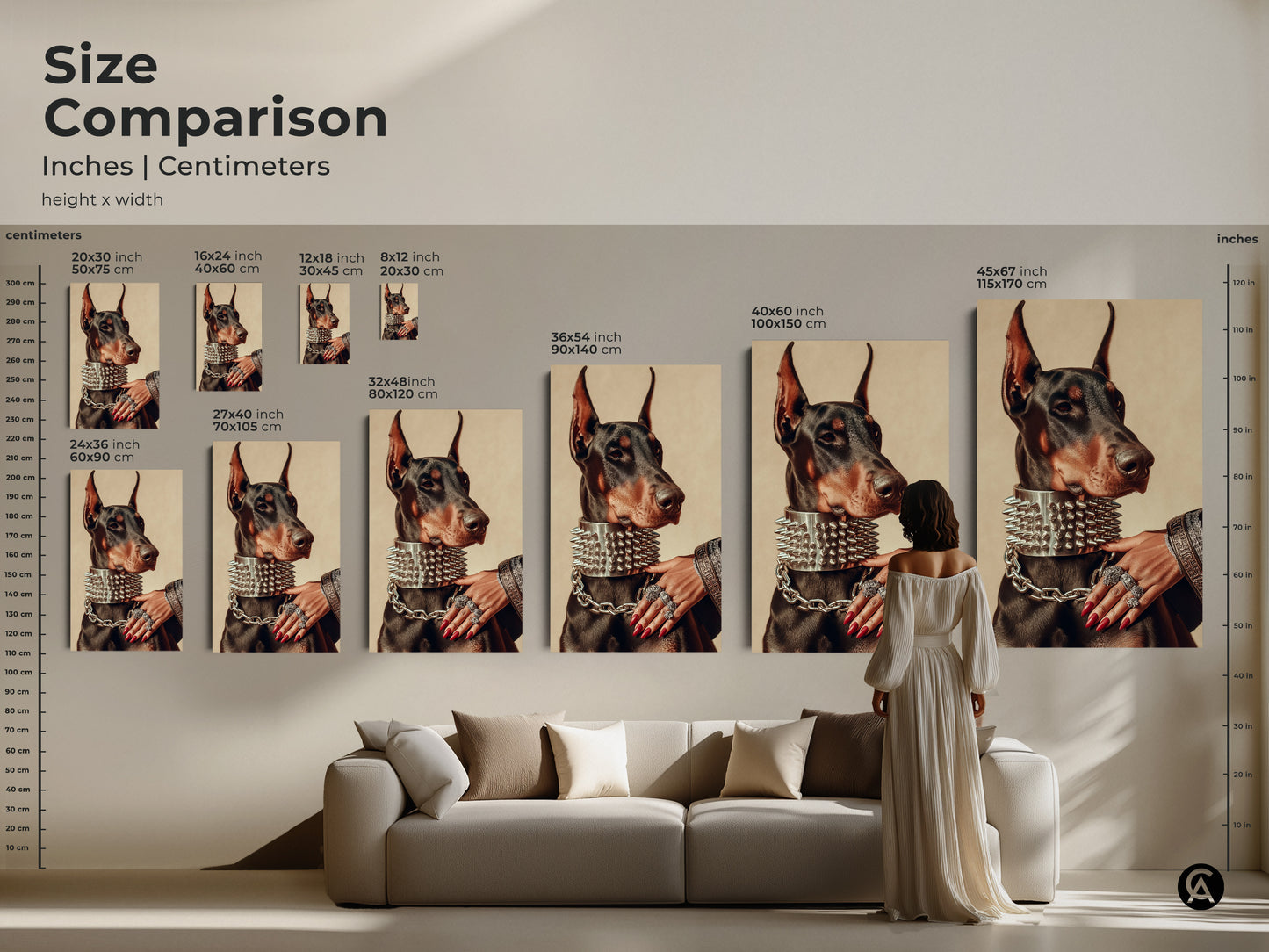 Compare sizes of this edgy Doberman artwork in inches and centimeters. A woman stands near the canvas to show scale in a living room setting. This Doberman wall decor fits perfectly over a sofa. A great birthday gift for dog dad or pet memorial art piece.