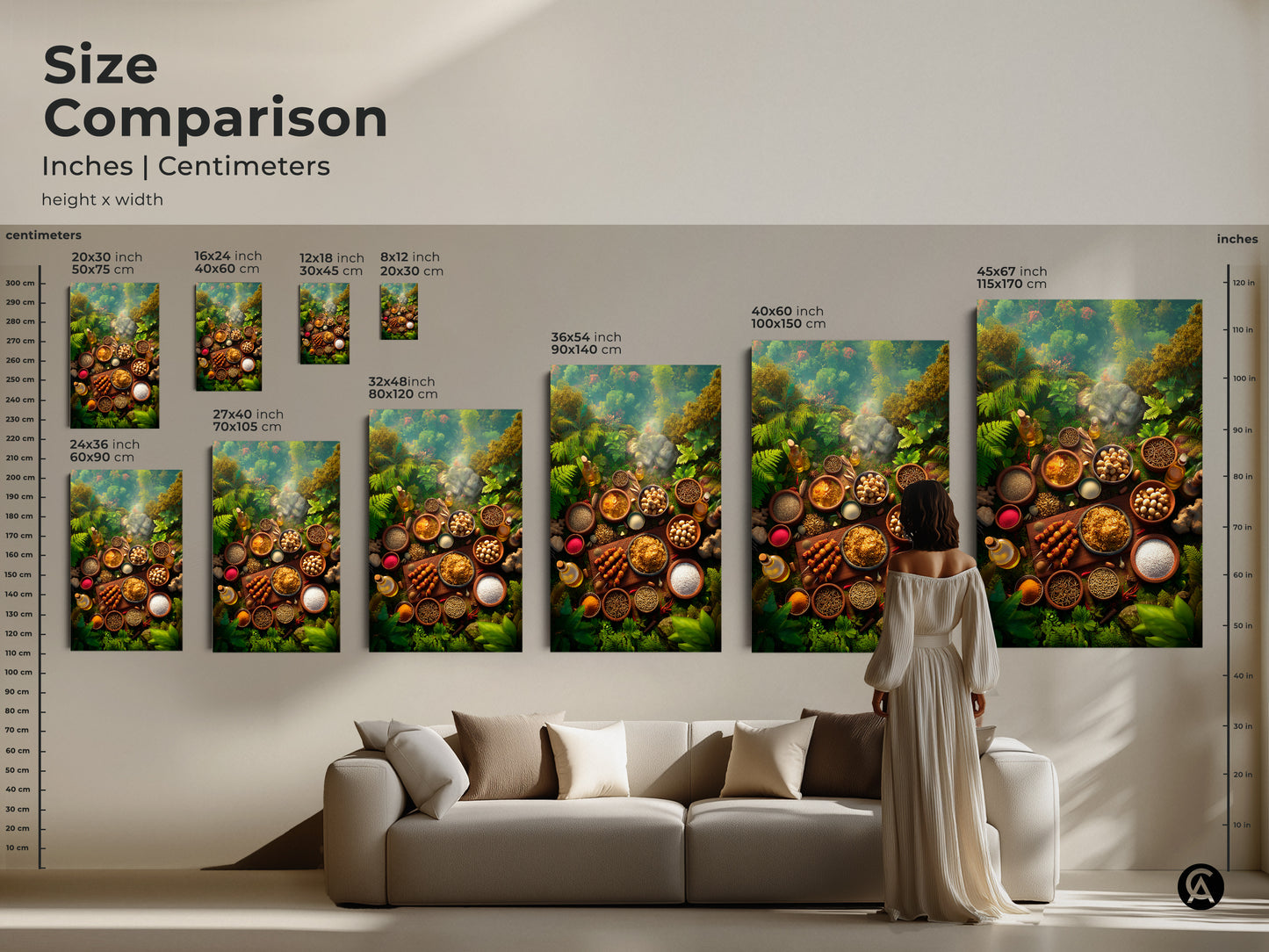 Compare sizes of our spice and ingredient artwork. Available in inches and centimeters from 16x24 to 45x67 inches. See how each size transforms your living space. Perfect for adding a touch of culinary inspiration to your walls. Choose the ideal size for your home today.