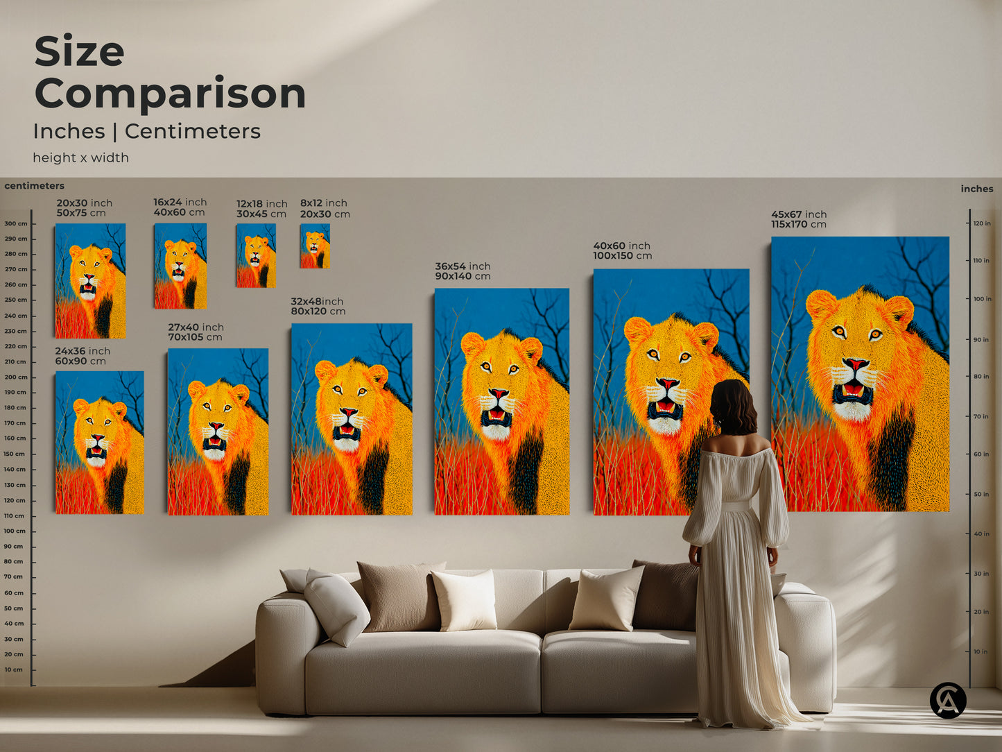Size comparison for inches and centimeters of the Lion artwork. See how the golden yellow and blue canvas fits in different spaces. Various sizes are available. They range from 8x12 to 45x67 inches. Perfect for eclectic living room art and wildlife home decor.