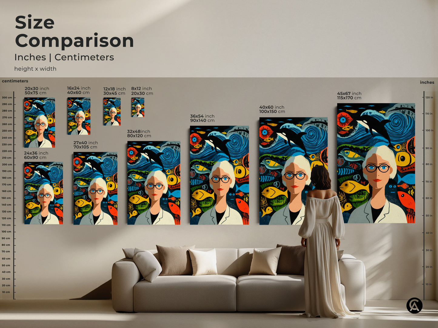 Compare sizes of our orca whale artwork. Sizes range from small to large. See how our canvas print looks in a living room setting. Visualize the impact of this unique marine science gift in your home or office decor.