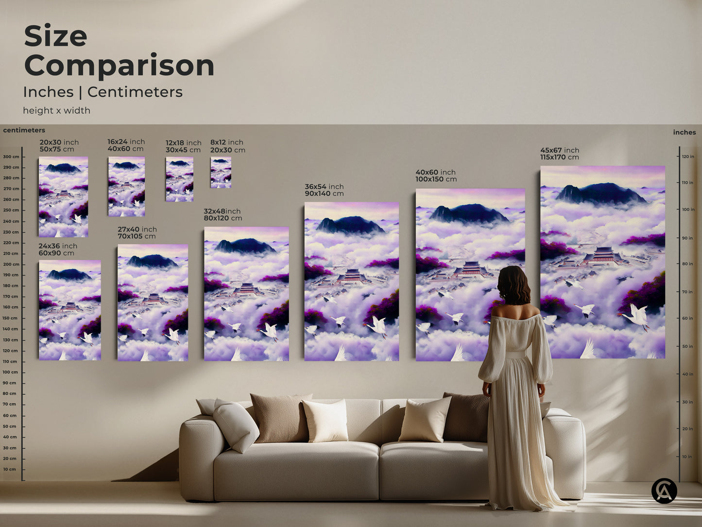 Size comparison featuring the Japanese Palace canvas art. Inches and centimeters show dimensions. See how this Ukiyo-e artwork fits above a sofa. This showcases a flying cranes wall print. Visualize the violet indigo fantasy landscape in your space.