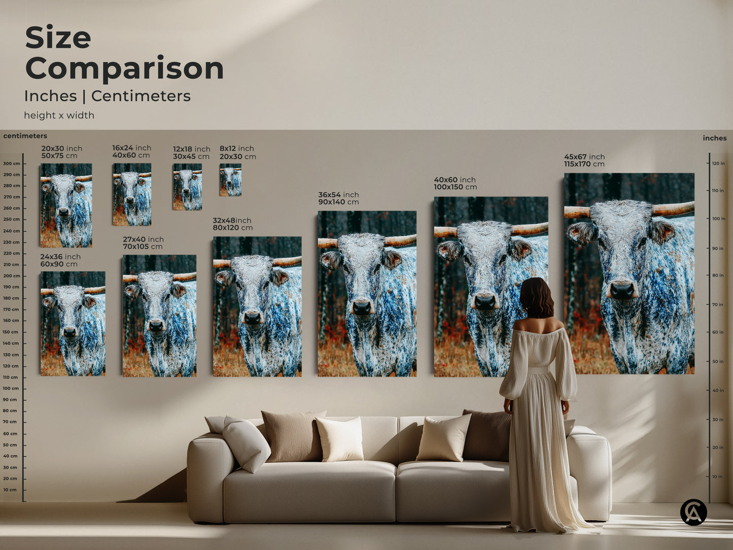 Size comparison of Longhorn artwork in inches and centimeters. See how different sizes look in a living room setting. Choose from various dimensions to suit your space. Available in canvas and poster prints.