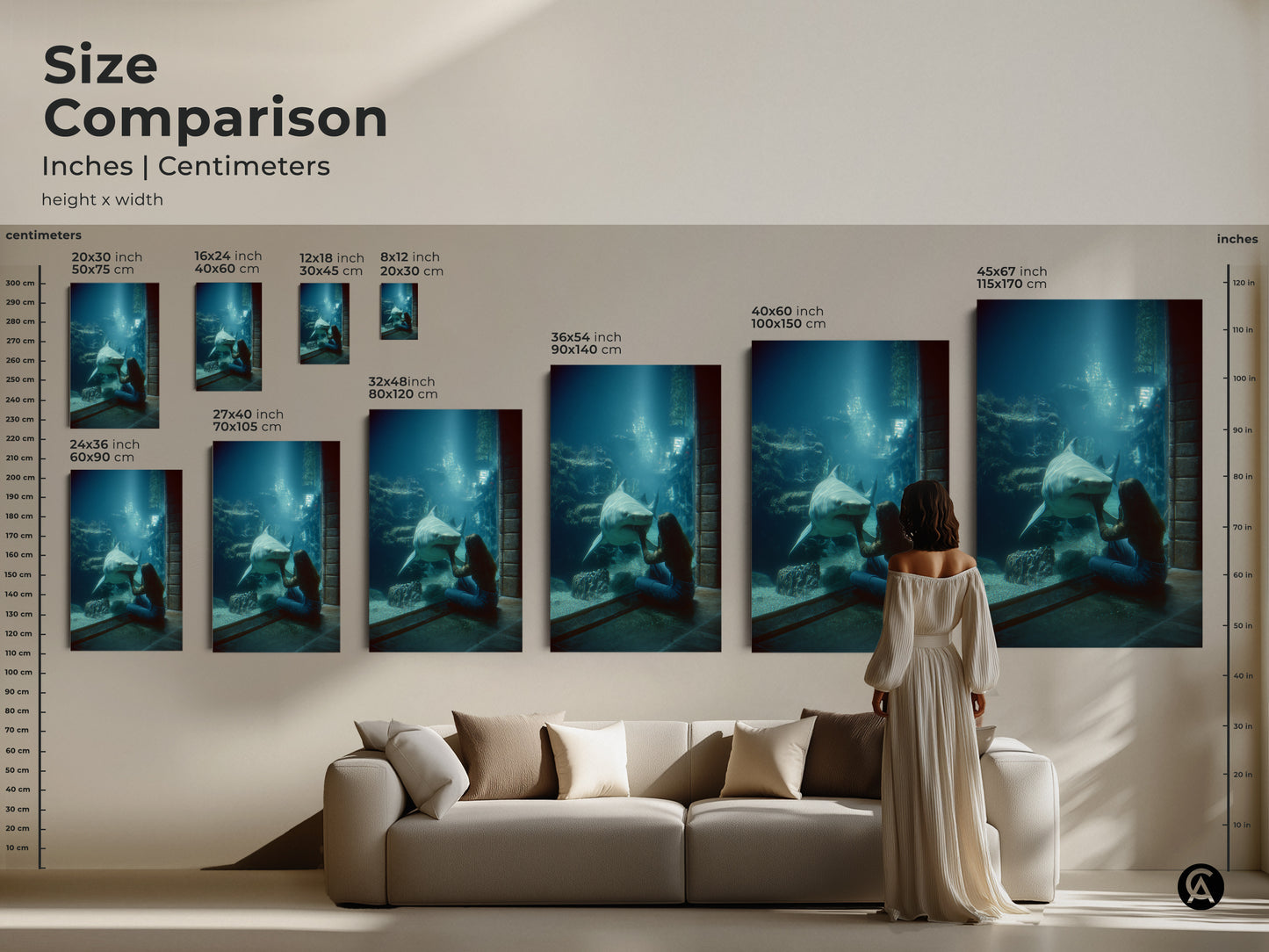 Size comparison of Oceanic Encounter art. See how the sizes look above a couch. Ranging from small to large. The artwork shows the blue green underwater scene with a woman and shark. Contemporary marine life decor for any living room. Perfect housewarming gift. Transform your space with ocean art.