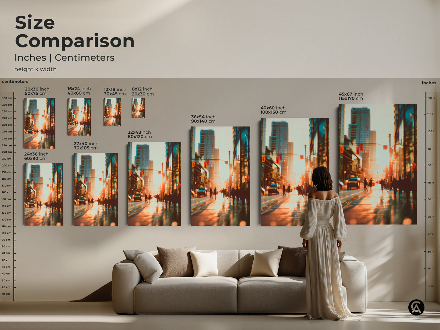 Size comparison of cityscape artwork in inches and centimeters. Visualize how different sizes look above a sofa. Choose from canvas or poster prints to match your decor. Perfect sizes for any room.