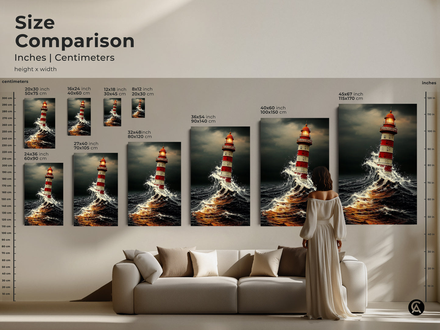 Size Comparison shows various canvas and poster dimensions. This height x width chart lets you visualize each art piece's impact. Ideal for any interior from a small space to a grand living room.