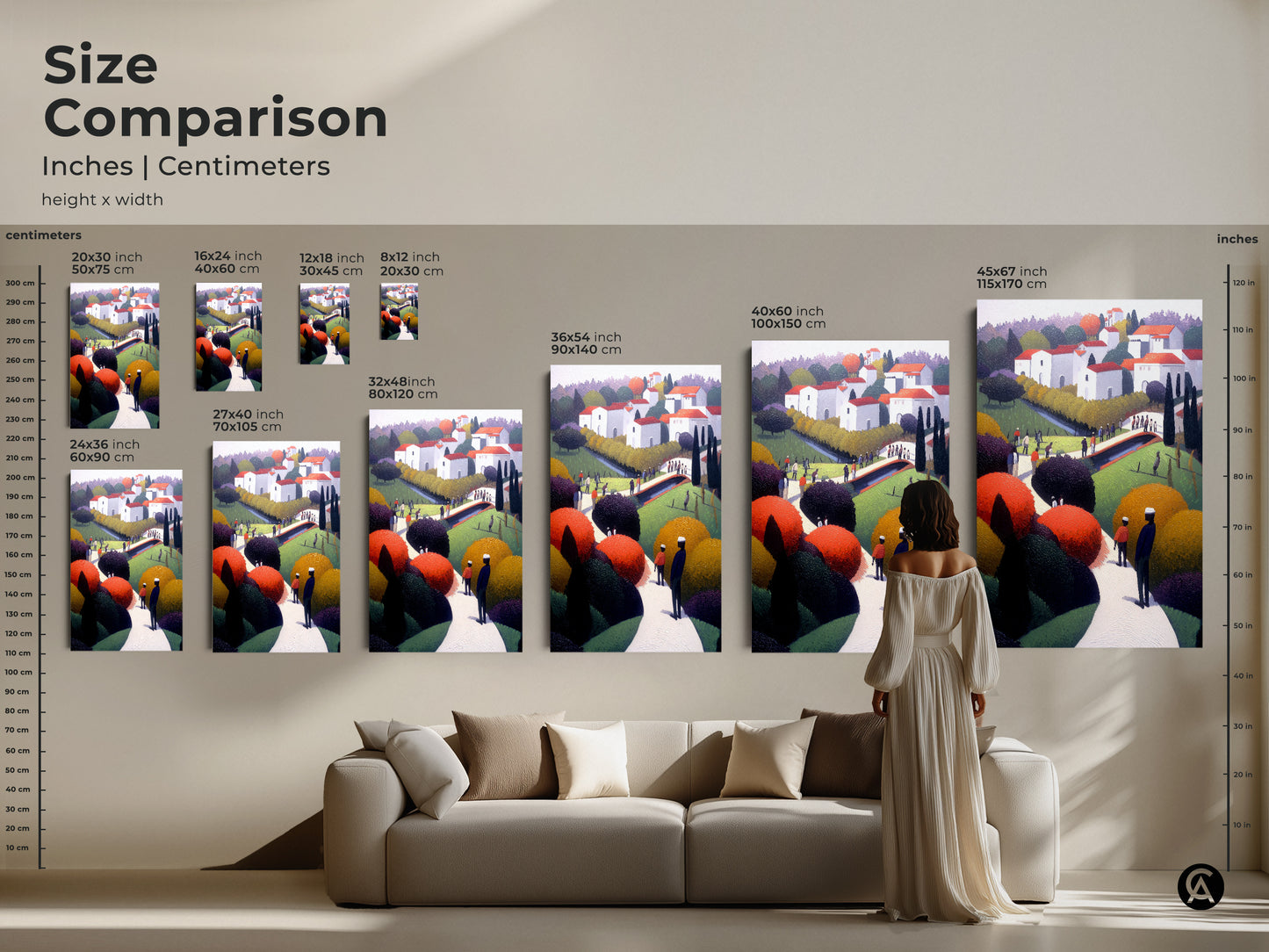 Size comparison of folk art village prints in inches and centimeters. Visualize how the artwork fits with your furniture. A great way to choose the right size for your naive landscape wall art.