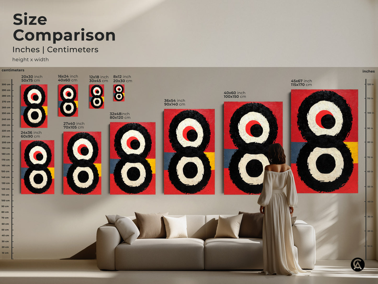 Size comparison of abstract expressionism art featuring geometric circle print. Available in multiple sizes as canvas or poster. Find the perfect fit for your living room entryway or home office decor.