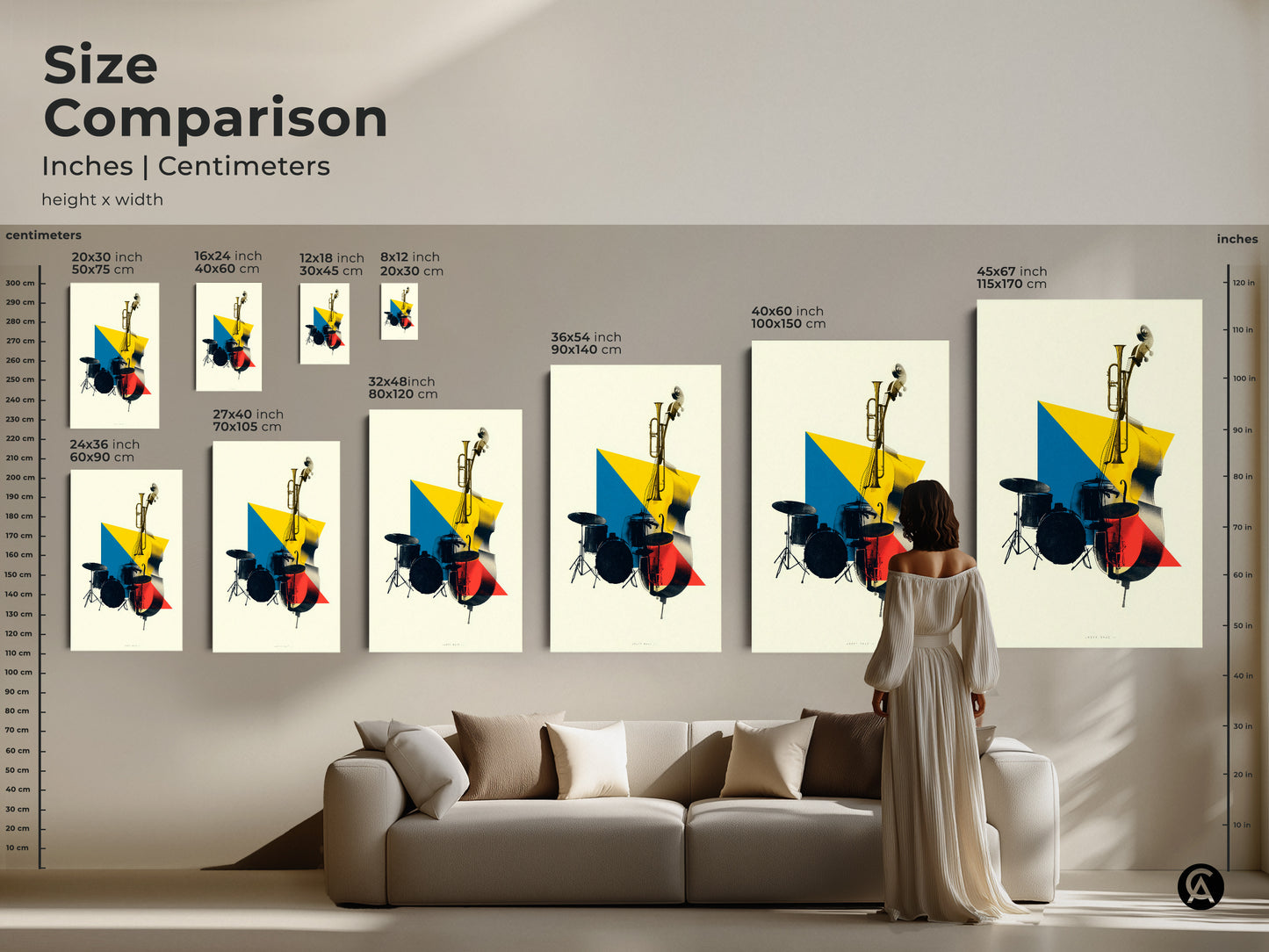 Size comparison of abstract geometric music artwork featuring canvas and poster prints. Showcasing a double bass trumpet this modern yellow blue and red artwork enhances any living space for a music lover.
