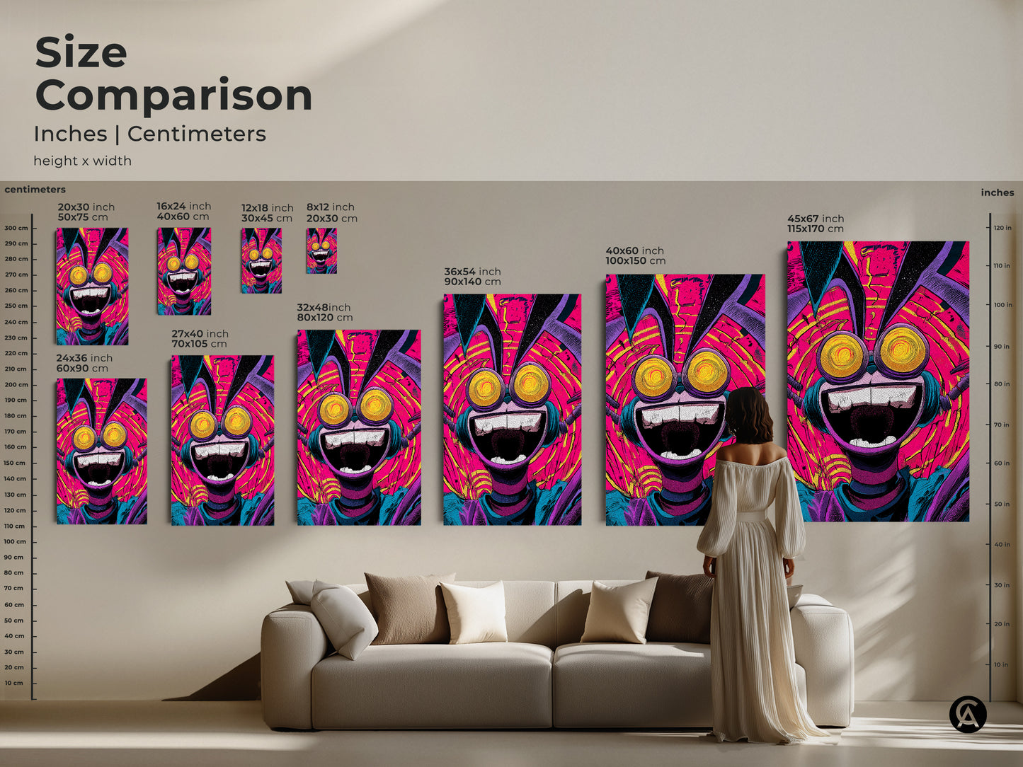 Compare the sizes of this quirky character artwork in inches and centimeters. This size comparison helps visualize how the art fits in a living space. Available in various dimensions to suit your needs. Choose the perfect size for your home