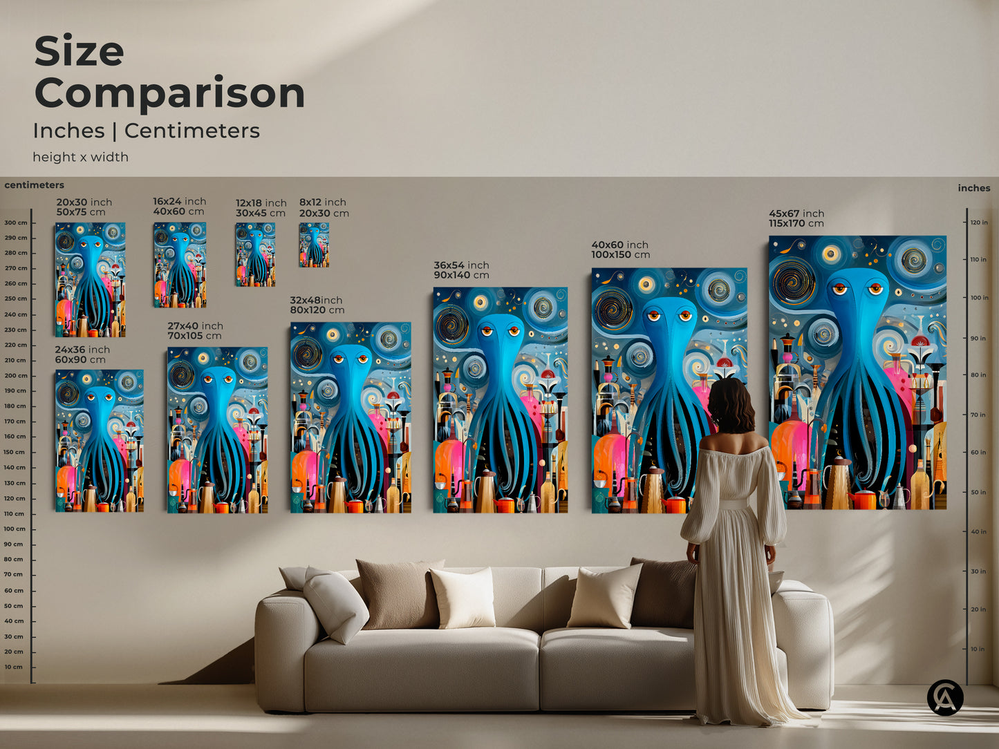A size comparison showcases the teal orange octopus coffee artwork with a woman standing near a sofa. Sizes range from small to large for canvas and poster prints. Ideal for eclectic and mid-century modern kitchen wall decor. This abstract retro art complements any coffee bar or home interior offering a unique octopus themed gift.