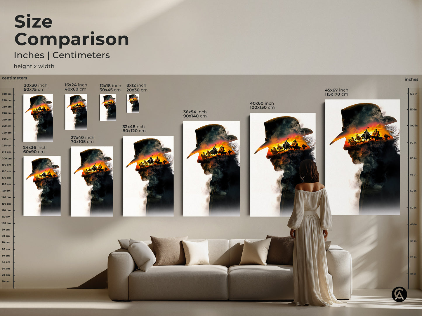 Size comparison of this incredible double exposure cowboy artwork. The canvas and poster options are shown in inches and centimeters. A stylish display allows one to truly appreciate the scale and presence of this canvas. Perfect for any wild west inspired art lover.
