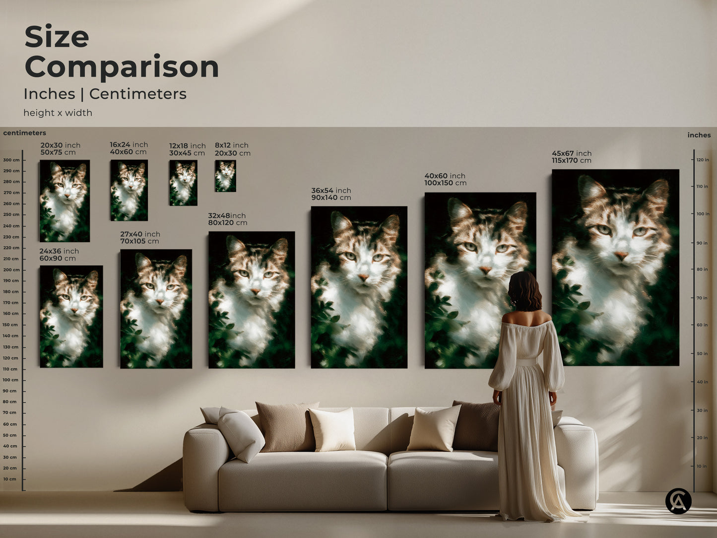 Size comparison of tabby cat artwork in inches and centimeters. Featuring a vertical orientation. This feline art comes in various sizes. Perfect for any space. Find the ideal cat art print size for your home decor.