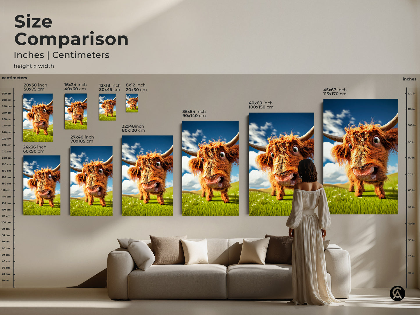 Compare sizes in inches and centimeters. Visualize how our Highland cow art fits above your sofa. Choose from various sizes to create the perfect focal point. Transform your living room with this charming farmhouse piece.