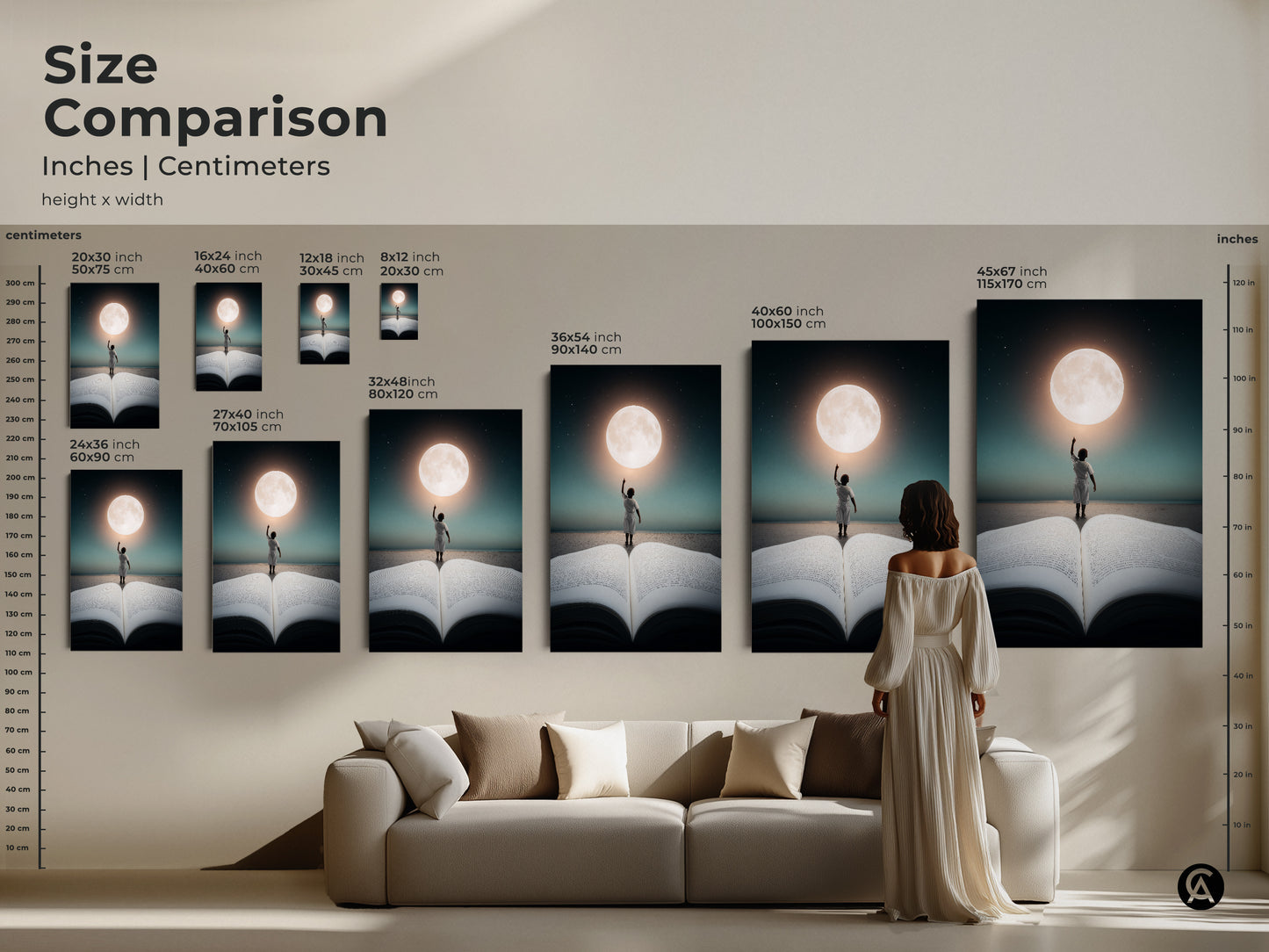 A size comparison shows the inches and centimeters. Visualize the scale of the child reaching moon art. See how the sizes fit above a sofa to enhance your living space. This literary themed decor is inspiring.