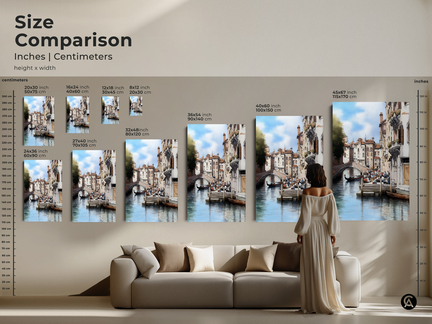 Size comparison of Venice canal artwork in inches and centimeters. See how each art print fits above a sofa. This Italian architecture art features a traditional cityscape with gondola boat. Find the perfect size for your space. Ideal housewarming gift for travel lovers.
