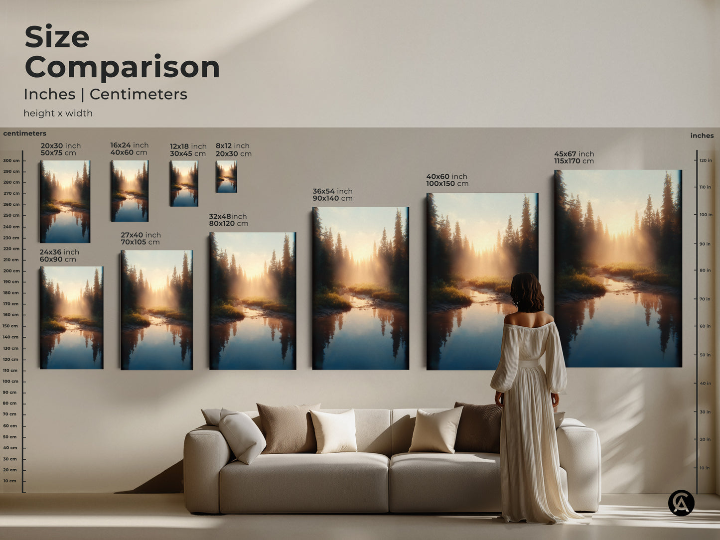 Size comparison of golden hour river and forest art in inches and centimeters. Canvas and poster prints range from small to extra-large. Find the perfect Scandinavian landscape artwork for your living space.