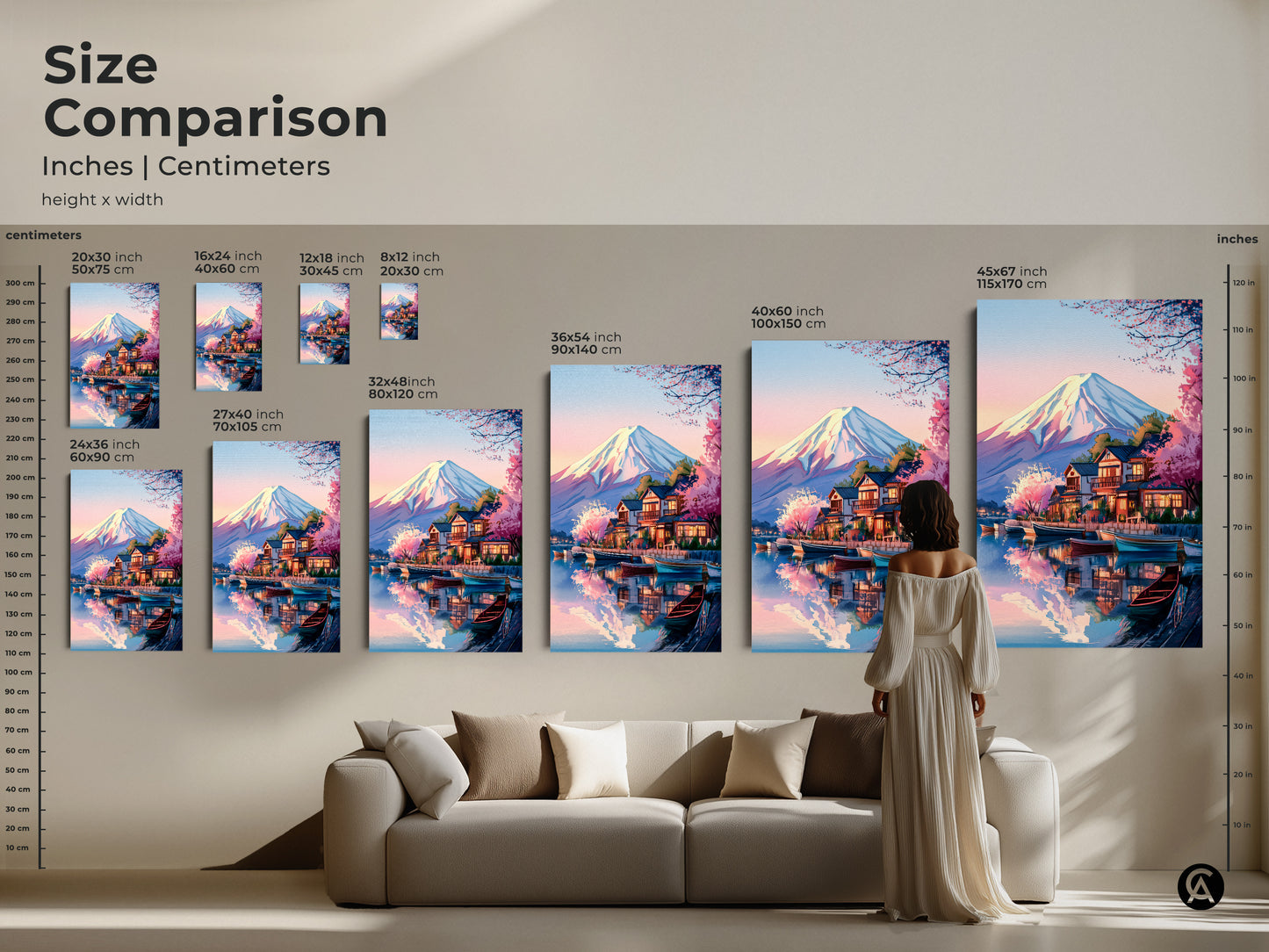 Size comparison featuring Mount Fuji art poster canvas in inches & centimeters. From small to large sizes next to a couch and standing person. Find the ideal scale for this Japanese landscape wall art. This Japandi art elevates your home decor
