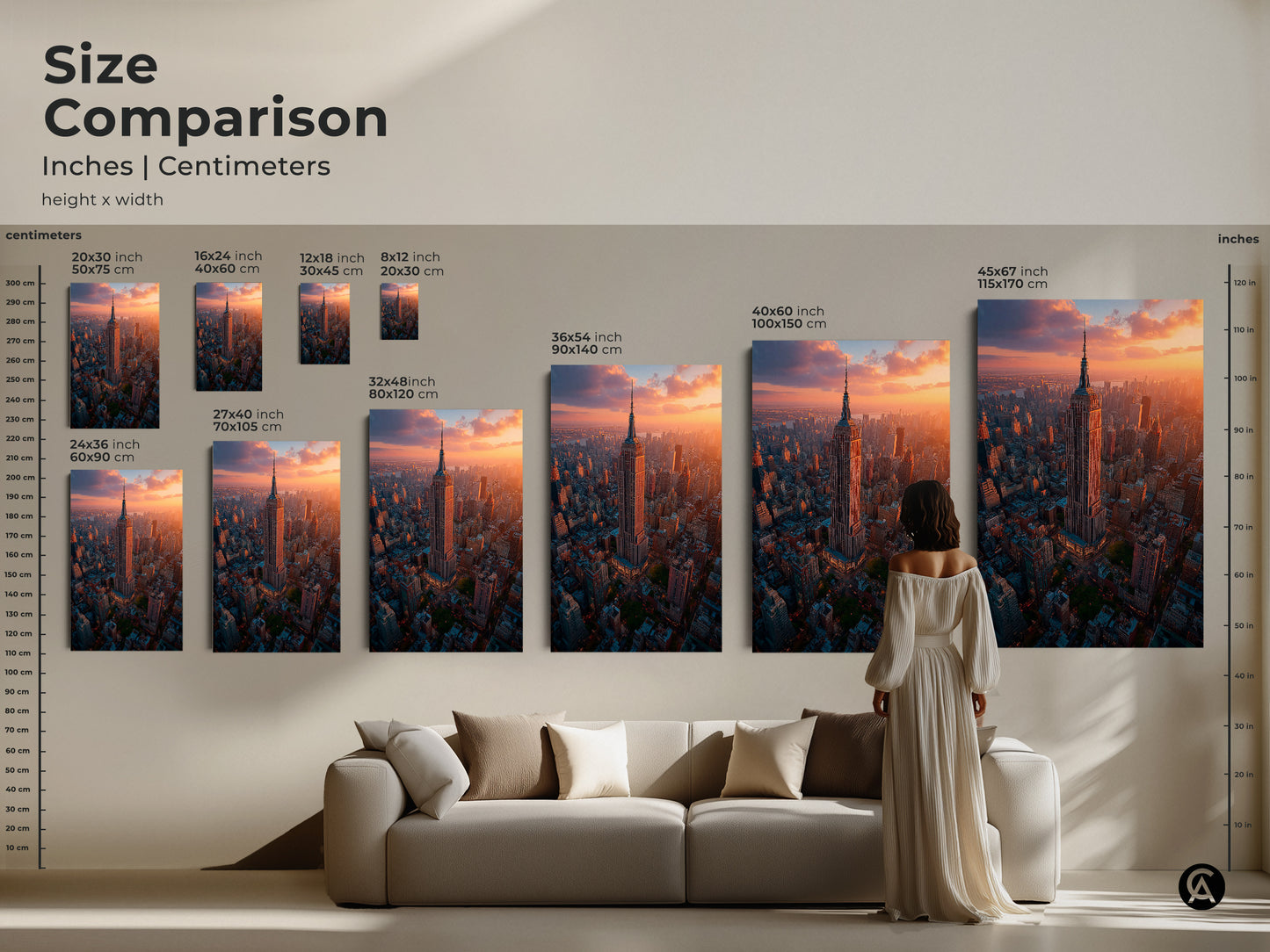Compare sizes of this striking Empire State Building artwork available in inches and centimeters. From small to large find the perfect fit for your space. Enhance your home with a stunning golden hour NYC cityscape creating a focal point in any room