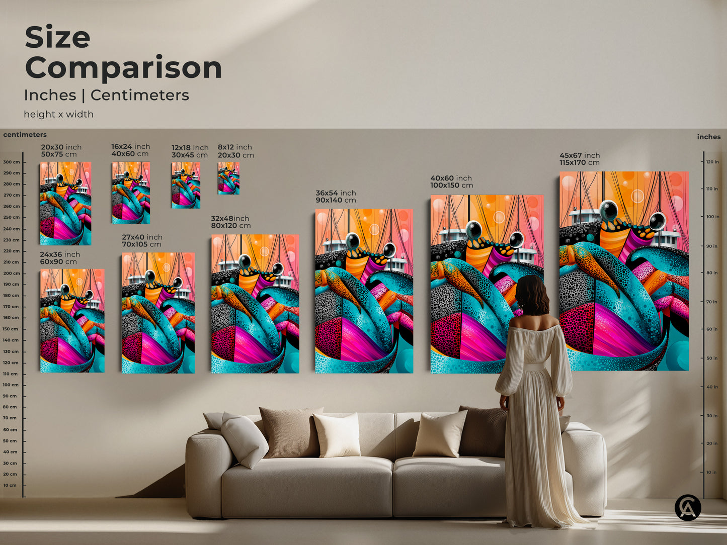 Size comparison of abstract crab art in inches and centimeters. The art features a colorful marine life print. The print has teal pink and orange hues. This nautical wall art is perfect for eclectic decor. Find the right size for your space. It will enhance your living room.