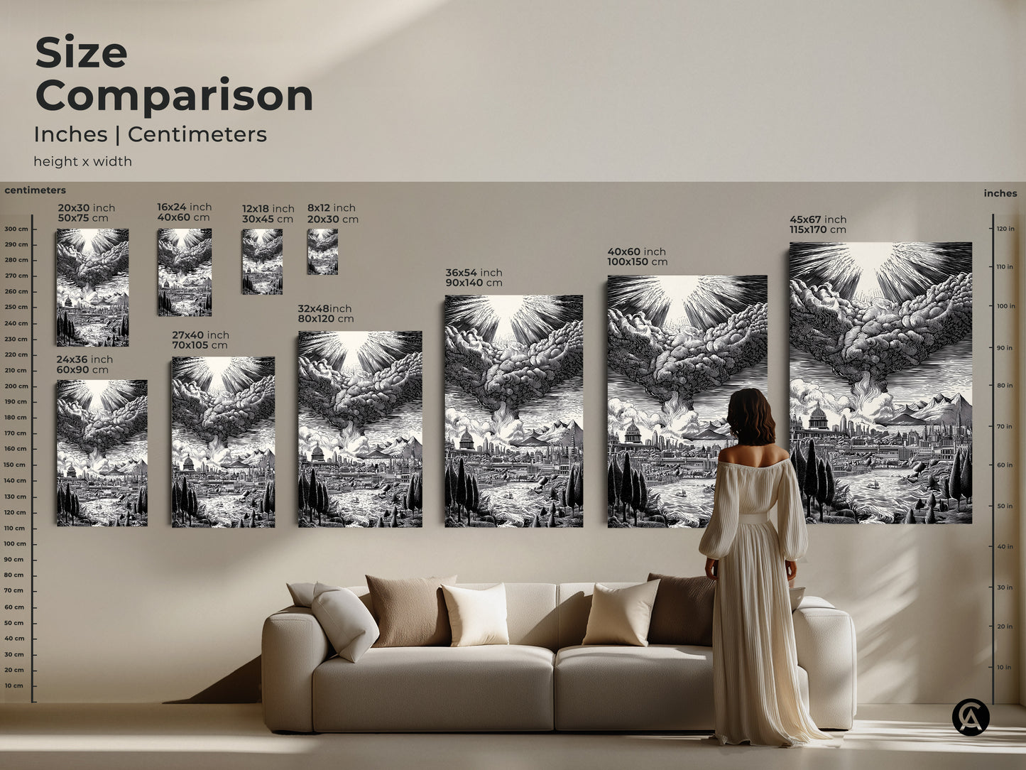 Size comparison of artwork in inches and centimeters. See how different sizes fit in a living room setting. Available sizes range from 8x12 inch to 45x67 inch. Visualize the impact of each art piece. Discover the perfect size for your space today.