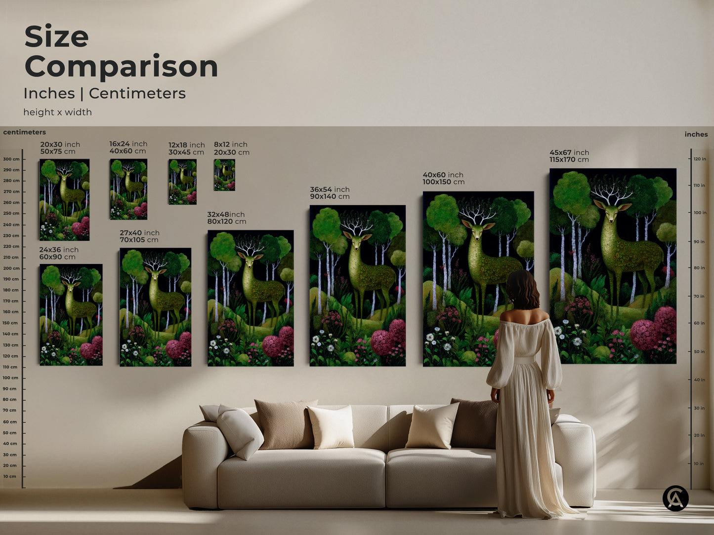 Size comparison of the green deer forest art print in inches and centimeters. Ranging from small to large sizes as canvas or poster. Perfect for a boho woodland animals canvas collection.