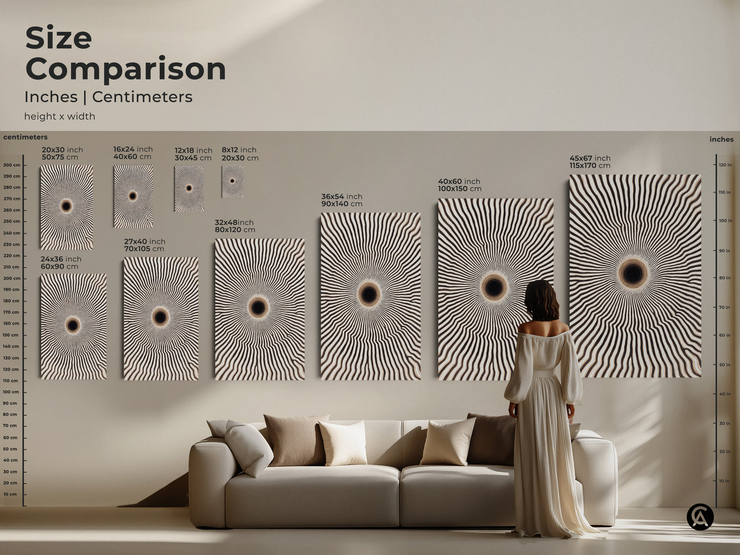 Size comparison of minimalist geometric wall art in a living room setting. See the abstract canvas art in various dimensions. From small to large sizes to complement your contemporary home decor.