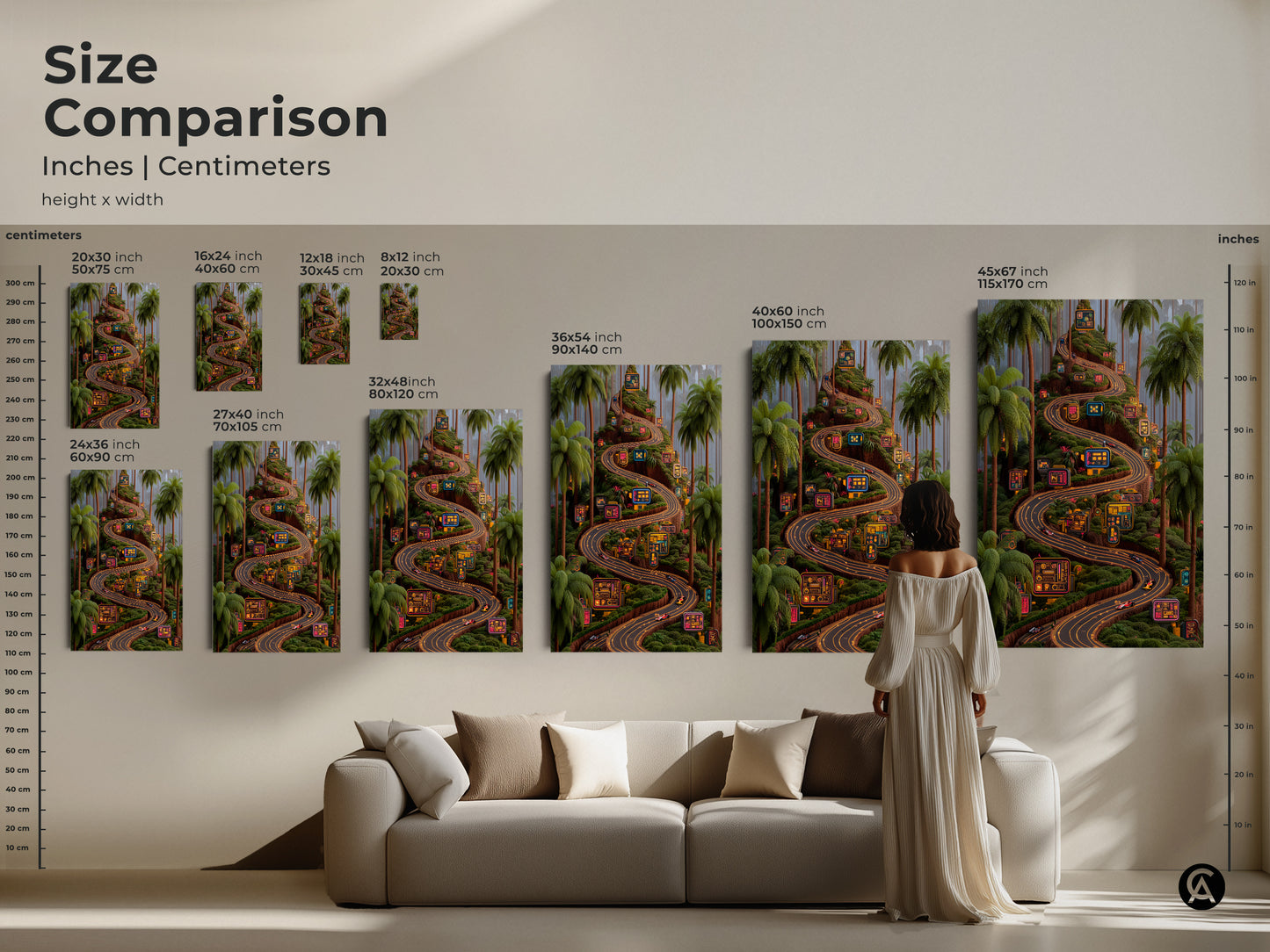 The size comparison of cyberpunk racing art shows vertical orientations. Available as canvas or poster print. Neon road winds through palms. Size ranges from 8x12 to 45x67. Perfect for a game room or man cave with its striking neon colors and dynamic digital style.