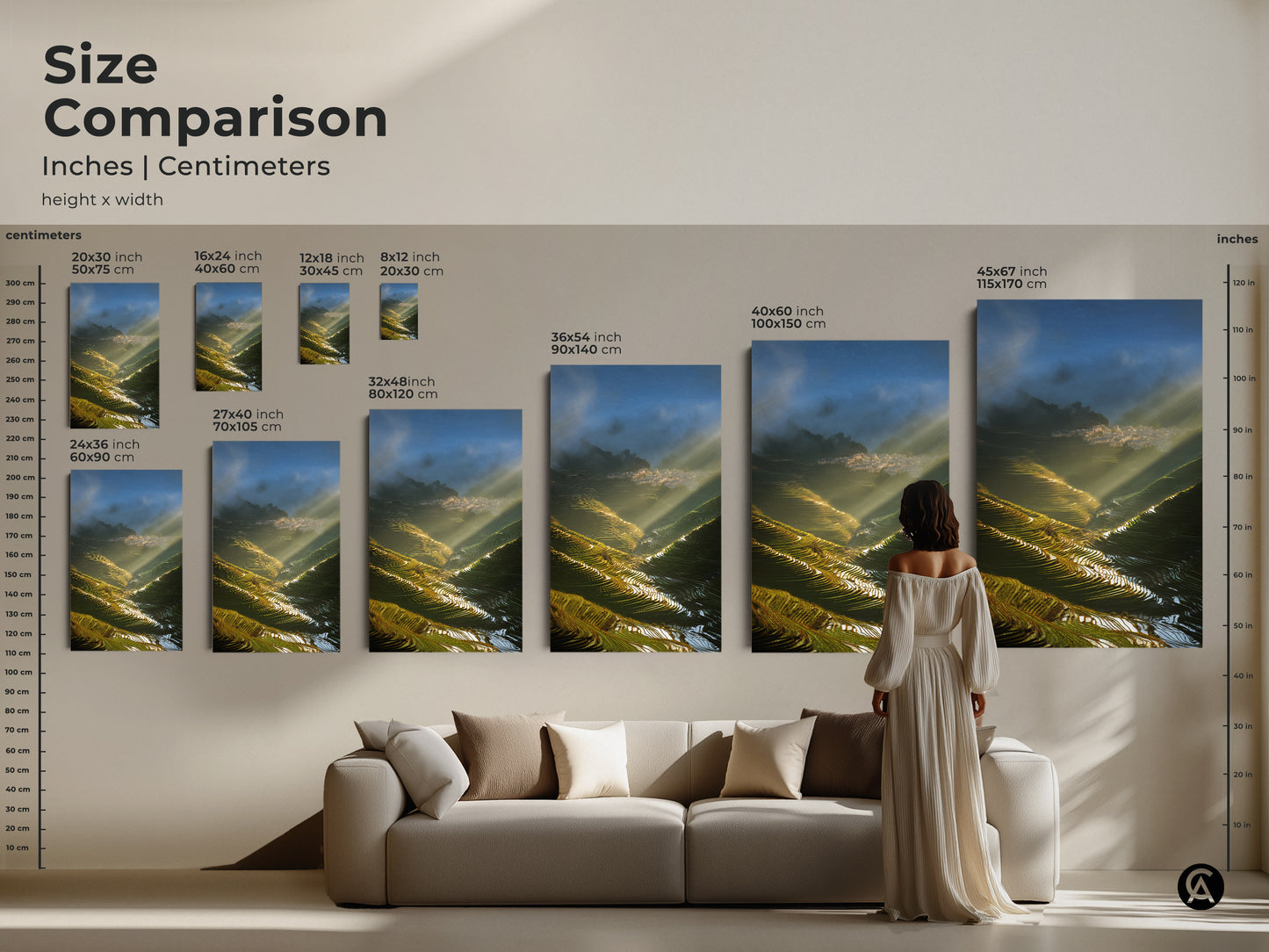 Size comparison of Terrace Fields art in inches and centimeters. Visualize canvas and poster sizes in a home setting. Choose from small medium and large options. Perfect for travel lover housewarming gift.