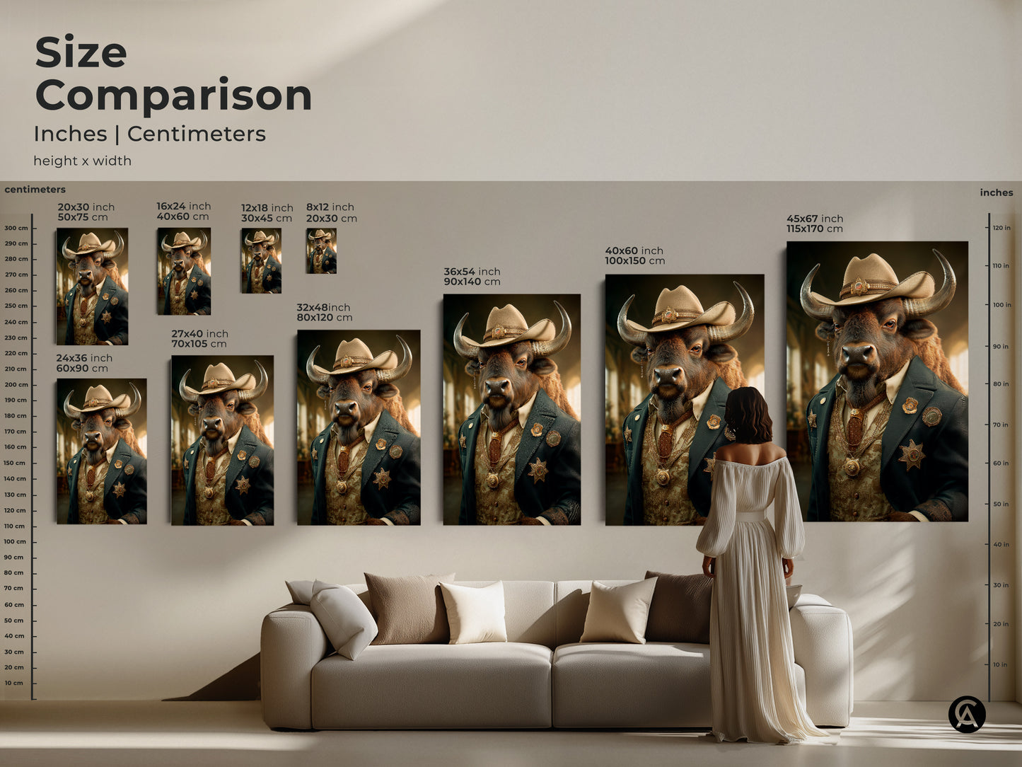 Size comparison of buffalo sheriff artwork prints. From 16x24 to 45x67 inches visualize this surreal western cowboy animal art in your space. Perfect for eclectic home decor or man cave wall decor. Choose the ideal size for canvas or poster prints today.