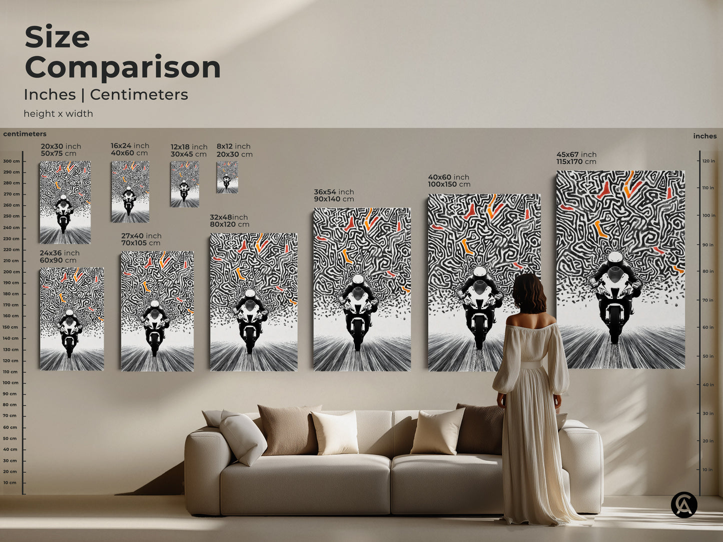 A size comparison of the speed maze motorcycle art print. See how the artwork scales in inches and centimeters. This display provides a sense of the artwork's presence in a room. It is perfect for making informed decisions. Choose the ideal size for your space.