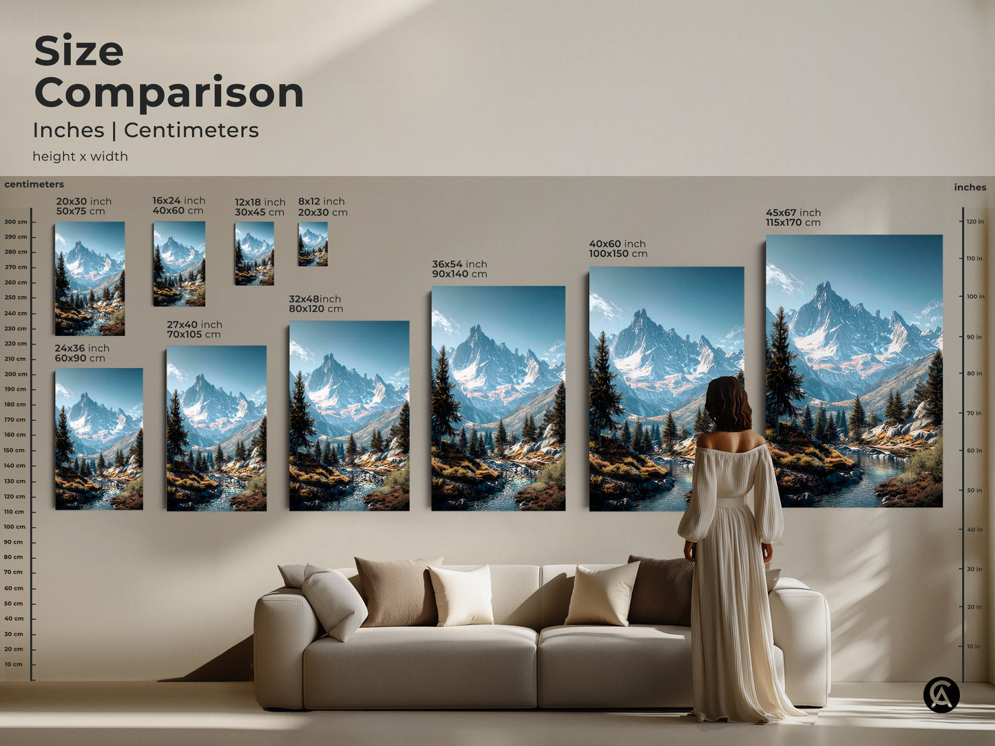 Size comparison for mountain landscape art prints. Inches and centimeters height x width examples. See how canvas and poster sizes look in a living room. Choose the perfect size for your artwork. Transform your space with mountain art.