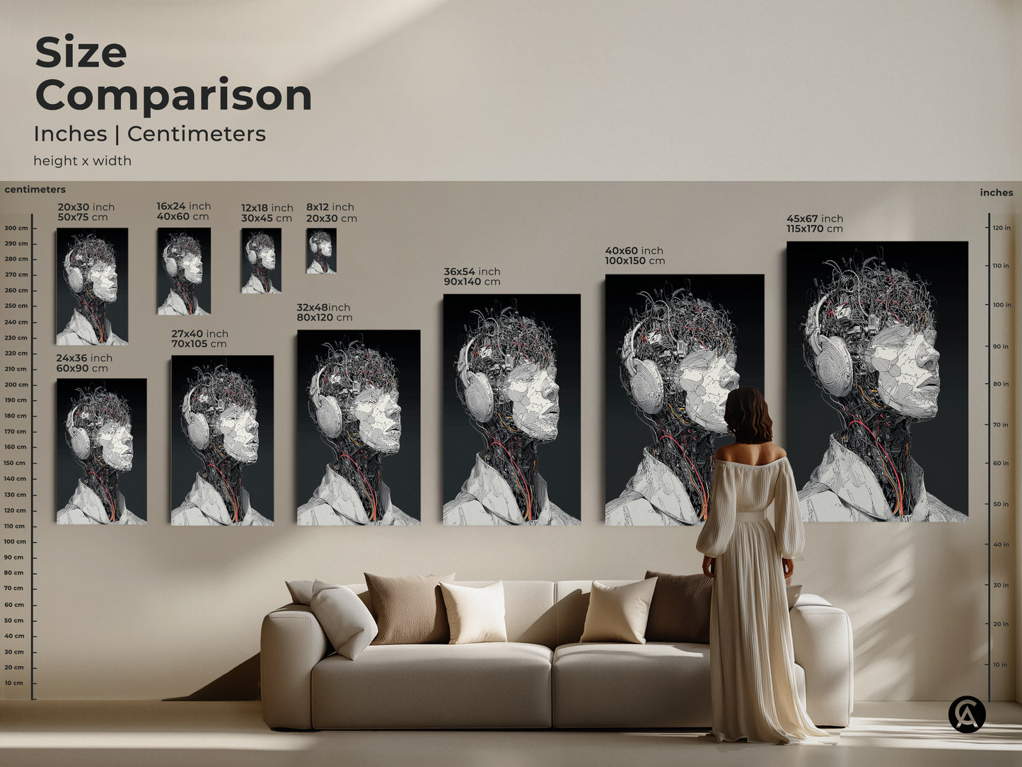 Size comparison of cyborg head artwork in inches and centimeters. See how the artwork looks in different sizes. Artwork sizes range from small to large. Perfect for any living room space. Find the ideal piece to complement your decor.