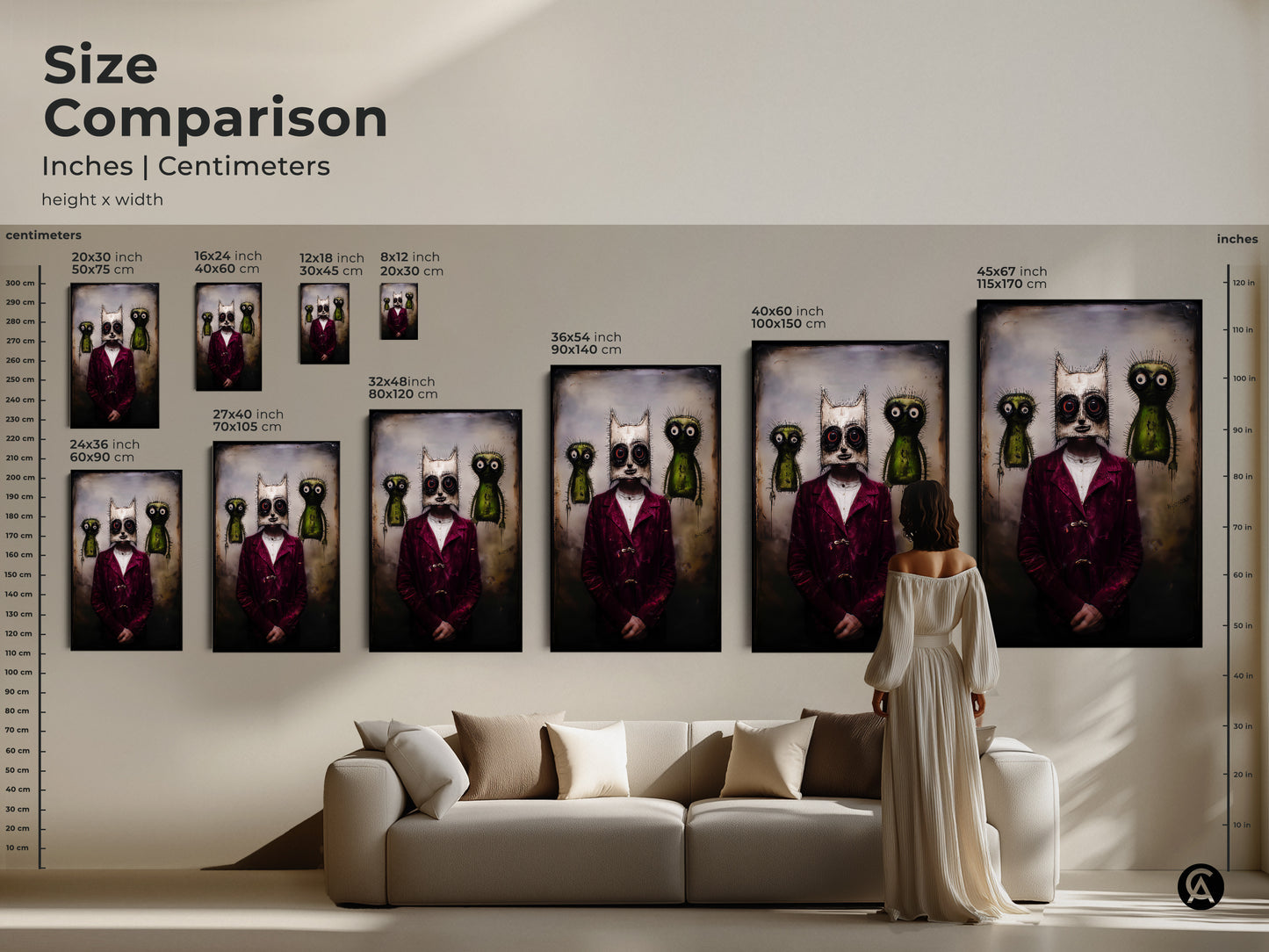 Compare sizes of this unique character art. Sizes range from small to large. The artwork features a surreal character with a gothic mask. It is a perfect addition to any eclectic home. Find the ideal size to match your space.