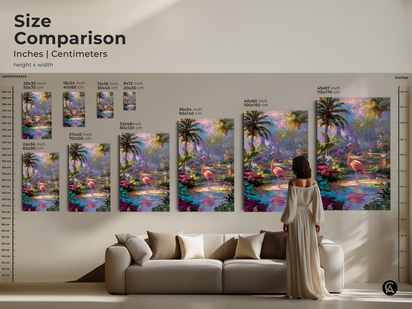 Size comparison of flamingo artwork in inches and centimeters. See how the art fits above a sofa. Available in various sizes. The tropical art enhances the living room. It adds a touch of nature and color.