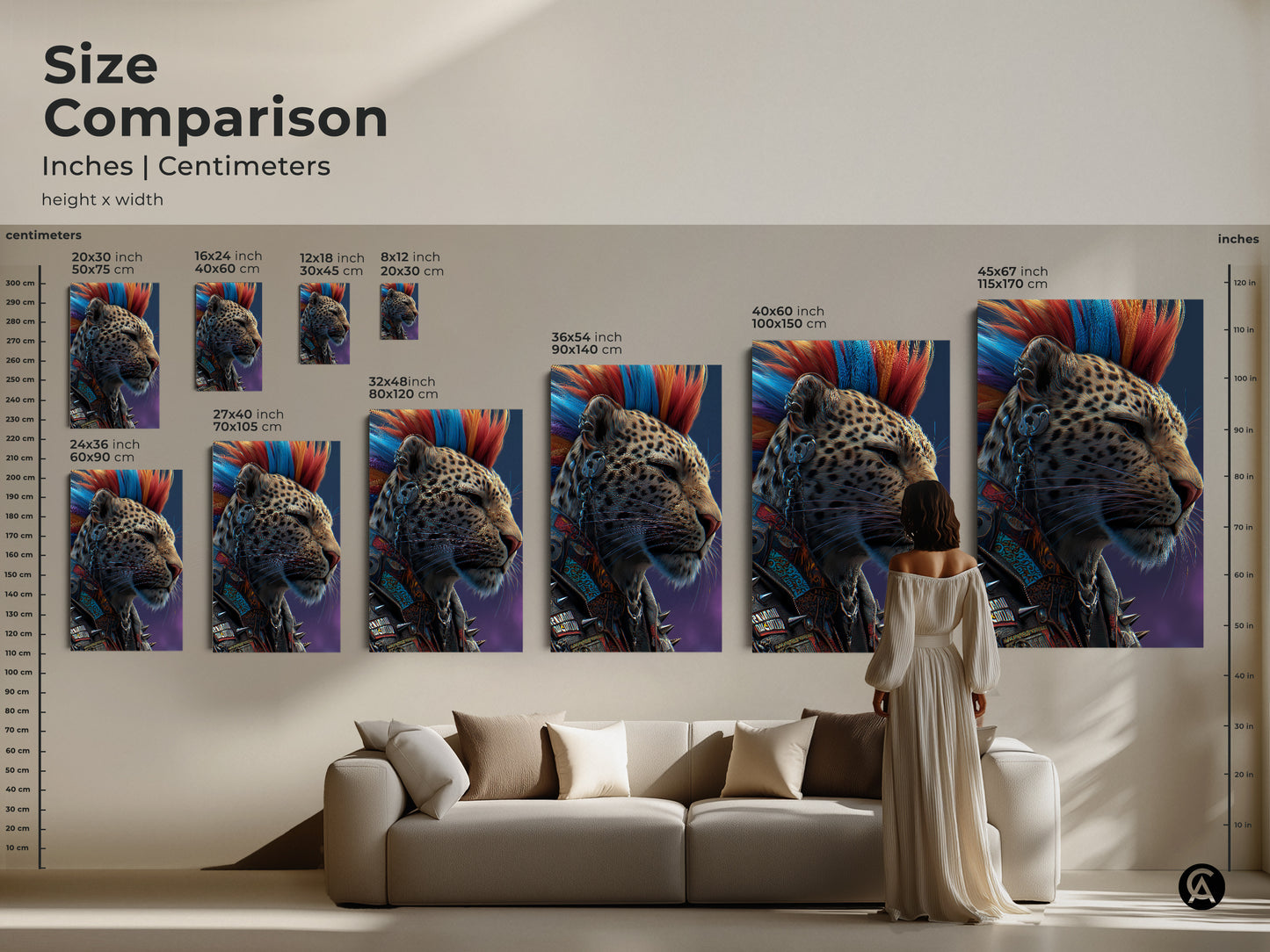 A size comparison shows leopard art's impact on room decor. See punk animal art in various sizes to enhance your space. Visualize canvas print options. These cyberpunk aesthetic prints provide eclectic vibes. Find sizes for rocker decor and unique animal wall art.