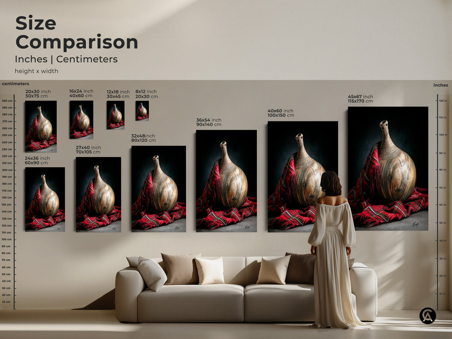 Size comparison featuring realistic still life art with pottery vase and red plaid fabric in various dimensions. See how different sizes enhance spaces great as a housewarming gift for home and art for collectors.