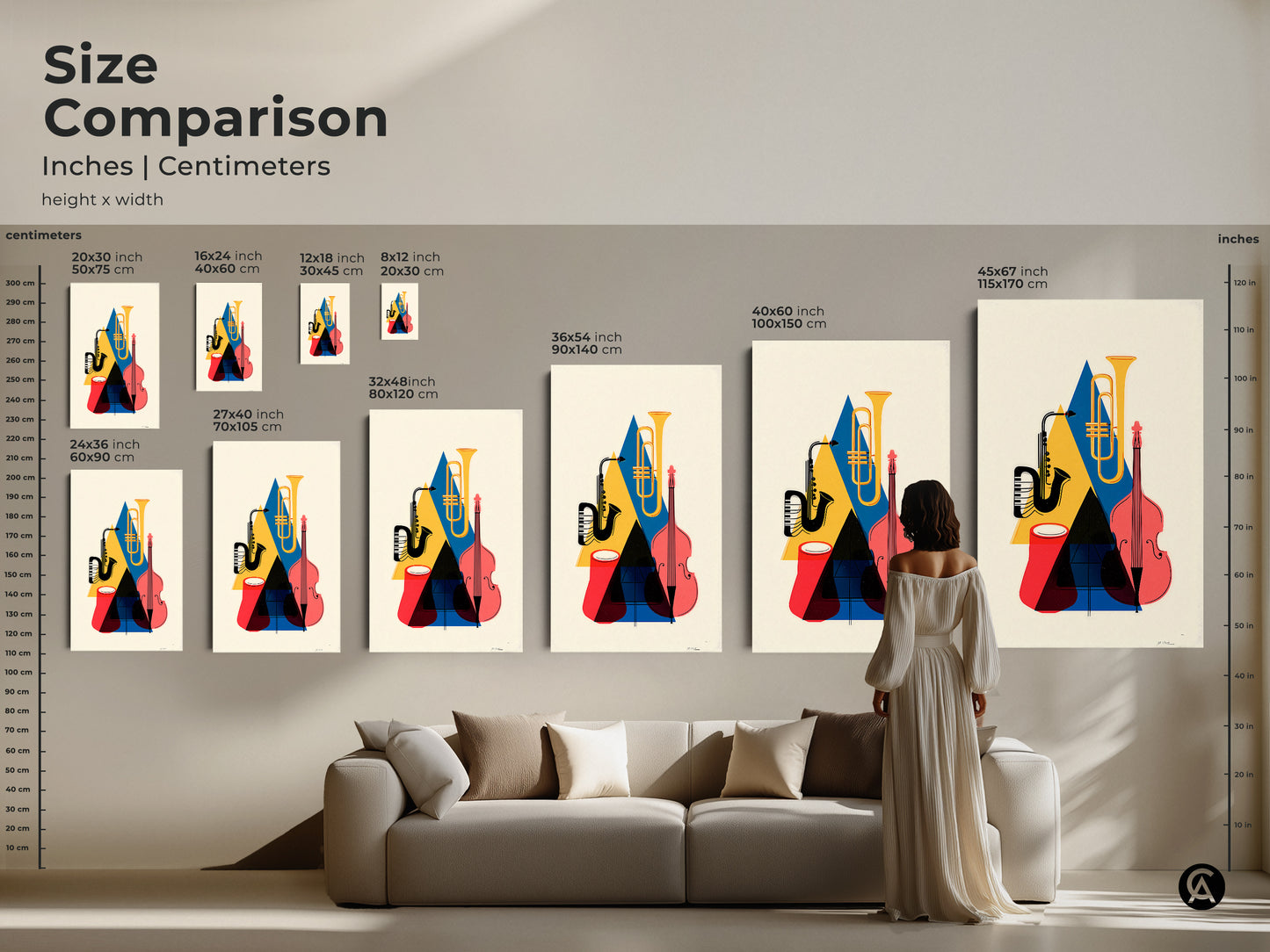 Size comparison of retro jazz music prints in inches and centimeters. The artwork features a mid-century modern saxophone tuba and double bass. Sizes range from small to extra-large. This abstract geometric art is perfect for adding color. Great for music lovers seeking a unique wall decor gift.