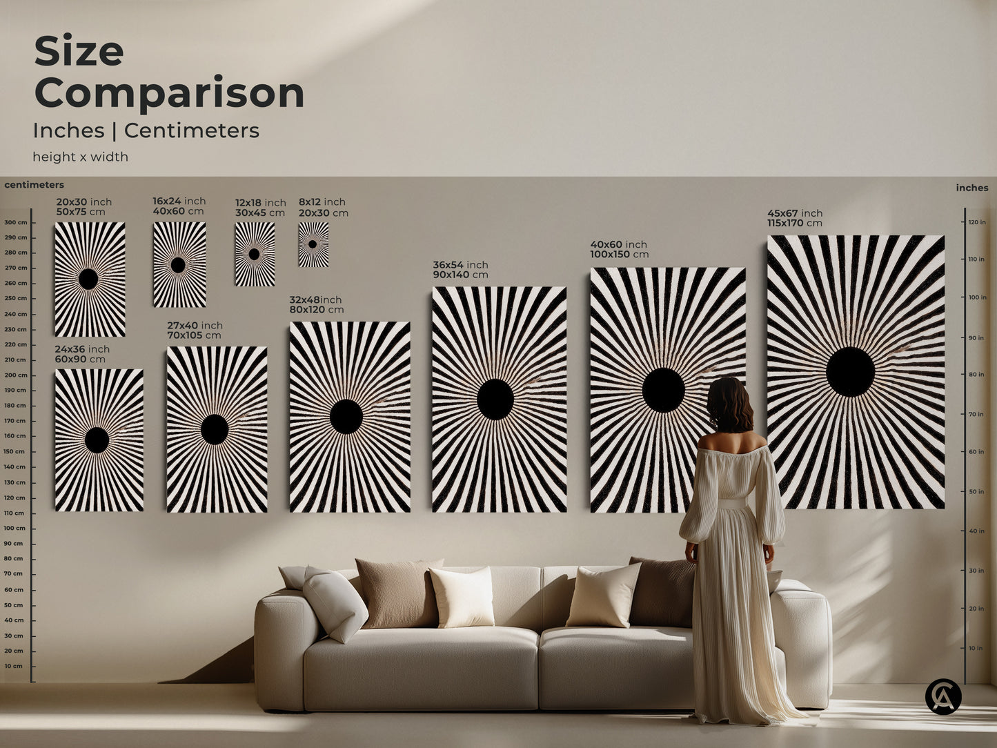 A size comparison featuring abstract geometric art. The height and width of the canvas is shown in inches and centimeters. Sizes range from small to large. The art features a black and white minimalist design. This sunburst motif canvas can transform any room. A modern geometric canvas art for any home.