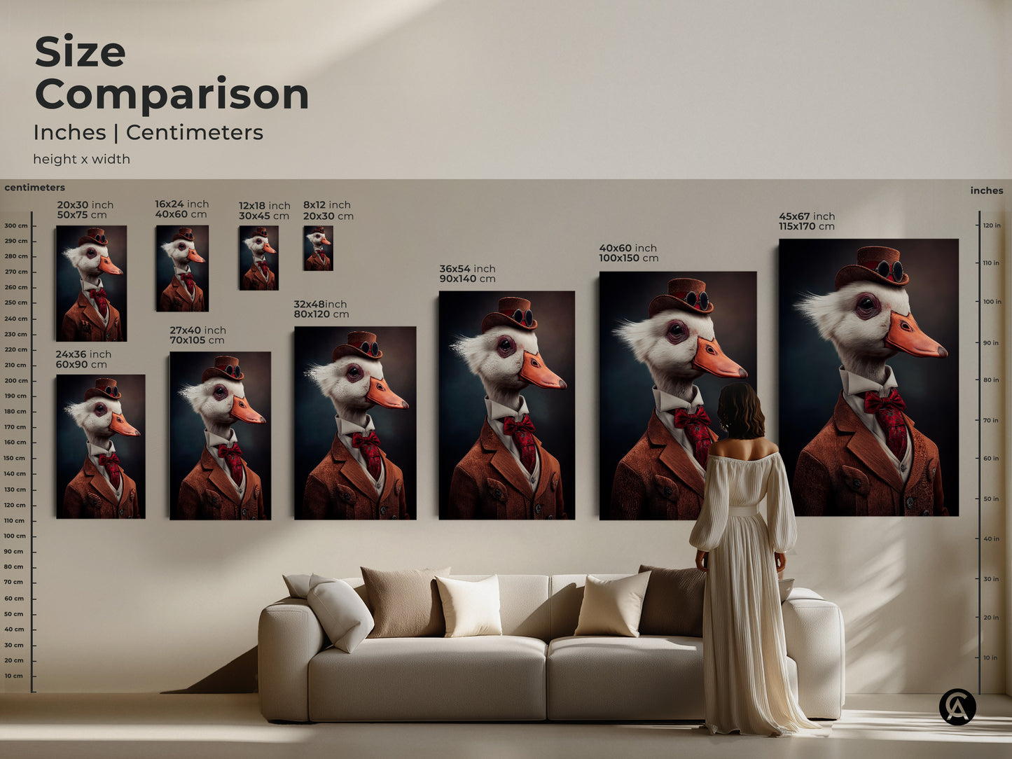Size comparison for steampunk goose artwork. The print is available in inches and centimeters. Perfect art for eclectic home. The print is a fancy bird art.
