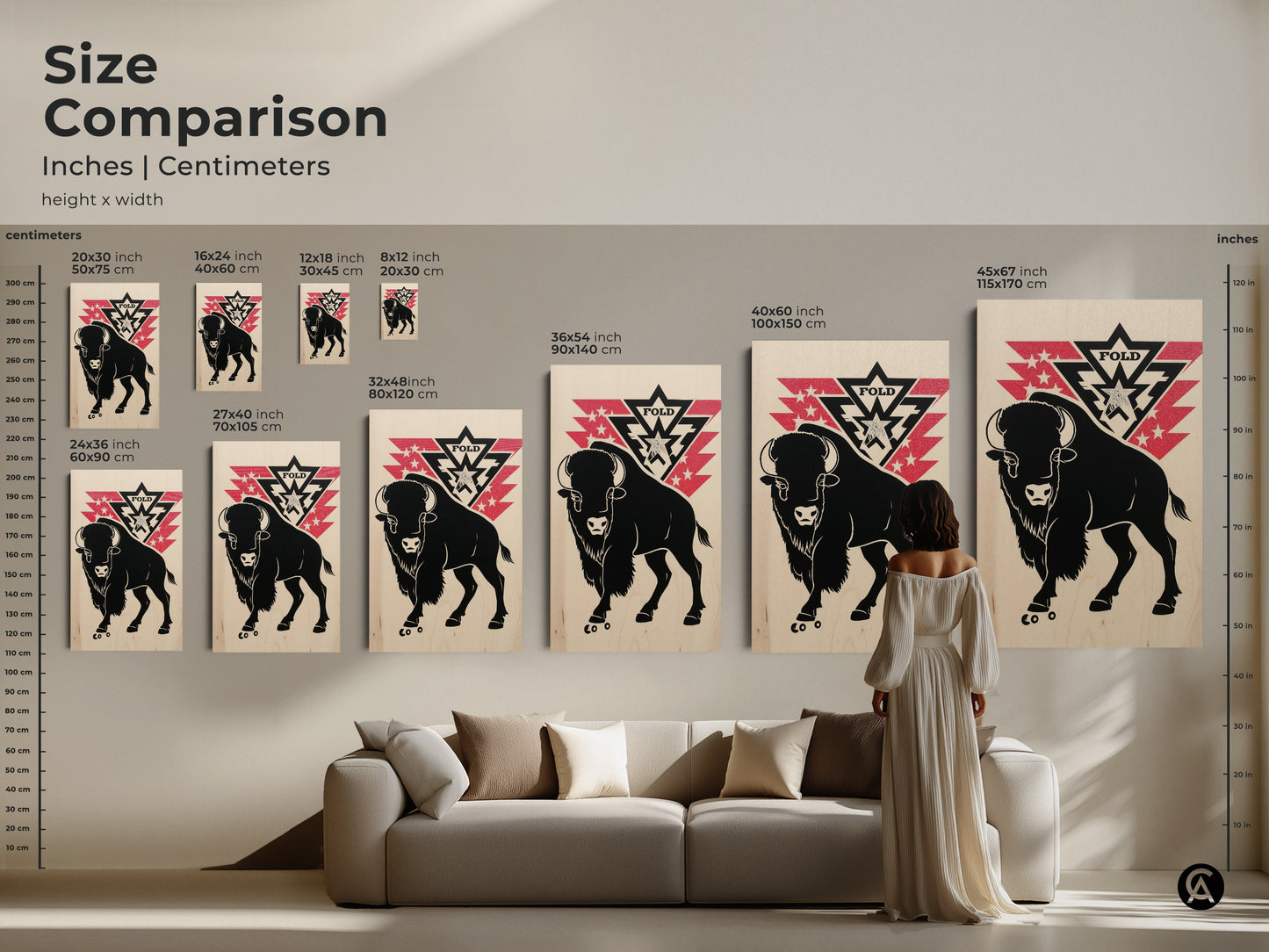 Size comparison of bison artwork in inches and centimeters. This rustic wall decor is shown above a sofa to visualize scale. Perfect for home or office. Different sizes make it easy to find the perfect fit.