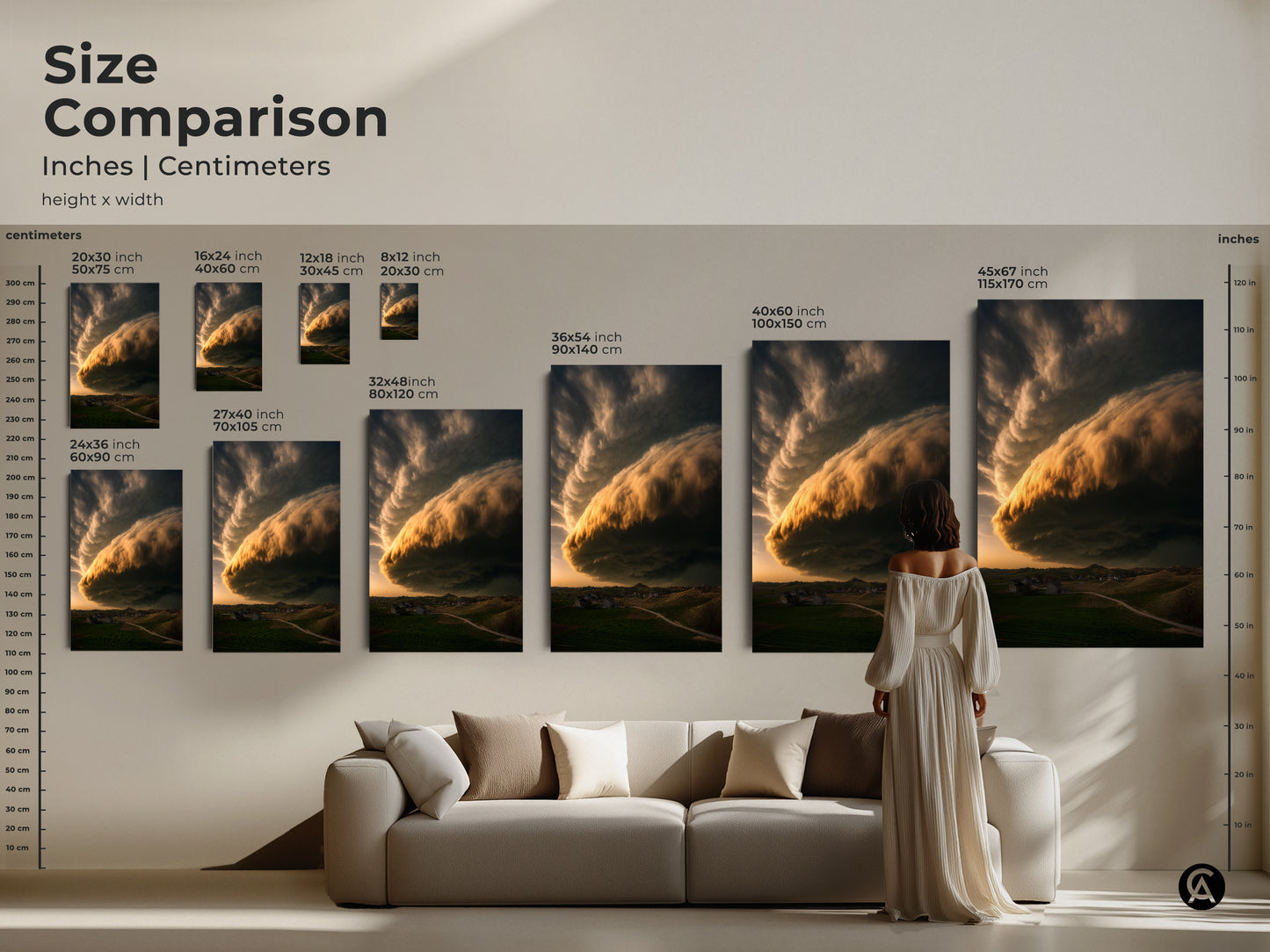 Size comparison featuring dramatic golden yellow cloud art over a green landscape. Inches and centimeters displayed for canvas and poster prints. The art transforms a residential wall. Select your size for farmhouse bedroom decor or a unique housewarming gift.